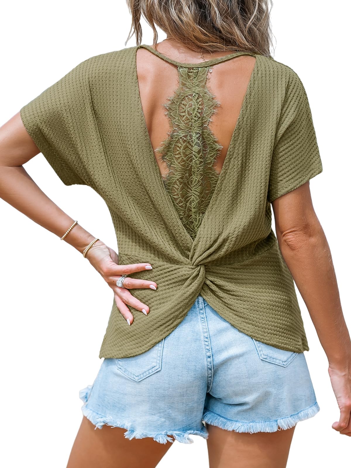 CUPSHE Women's Casual Short Sleeve Round Neck T-Shirt - Backless Lace Waffle Knit Top for Summer, Beach, and Date Night Outfits