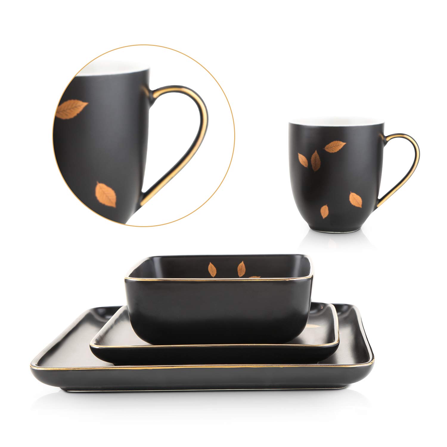 Premium Black & Gold Leaf Porcelain Dinnerware Set - 16-Piece Square Plates & Bowls for 4 People - Elegant Stone Lain Tableware for Fine Dining, Dinner Parties & Home Decor
