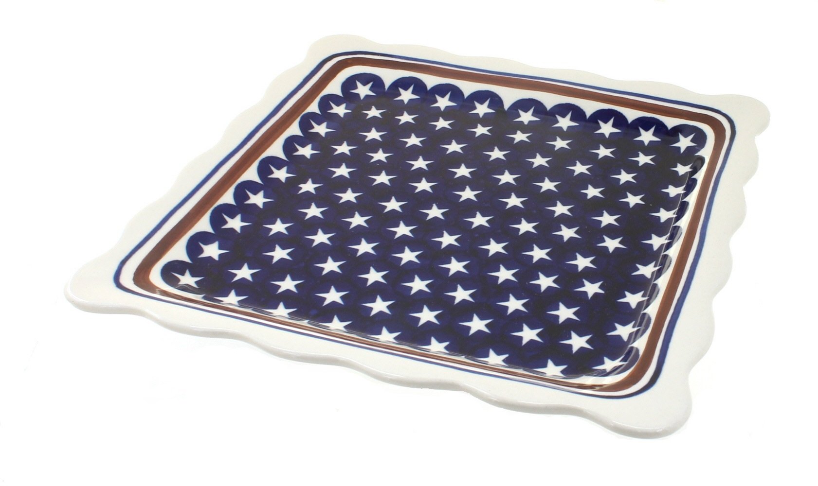 Blue Rose Polish Pottery Stars & Stripes Square Lunch Plate - Handcrafted Ceramic Dinnerware for Patriotic Holidays, Picnics & Home Decor