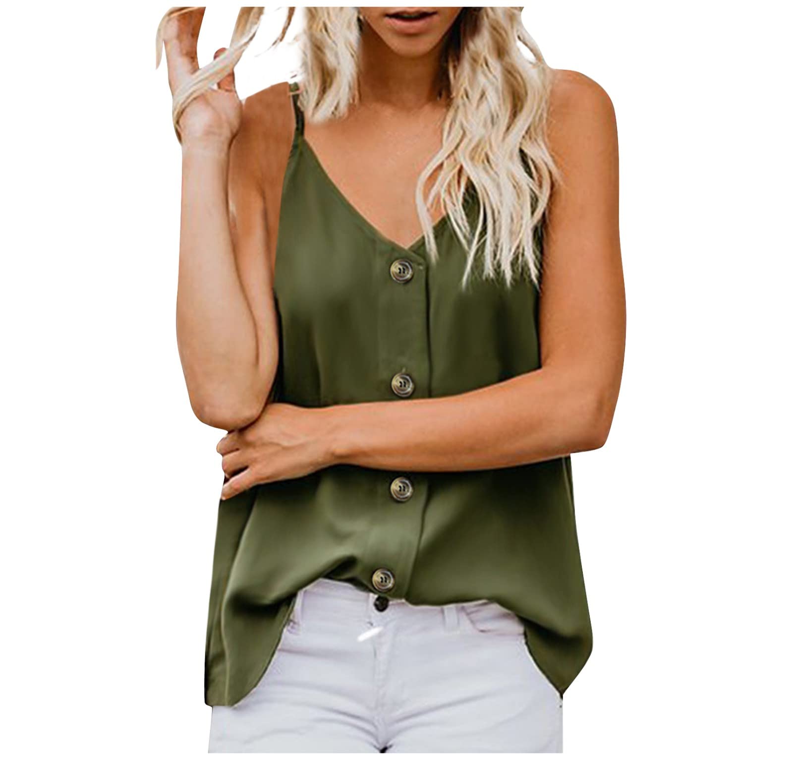 2022 Women's Summer V-Neck Buckle Suspenders Sleeveless Solid Color Tank Top - Casual Work Blouse for Office & Outdoor Activities