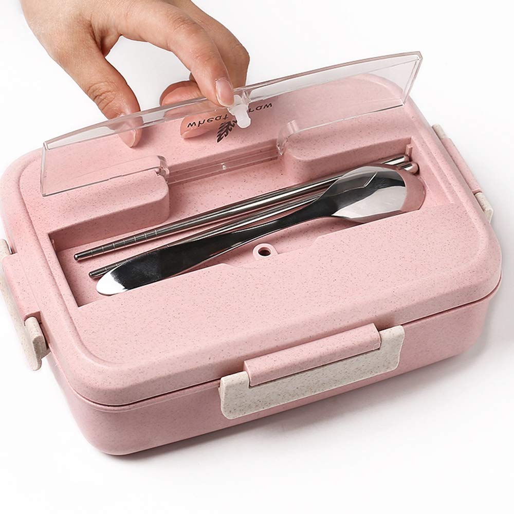 1000ML Portable Plastic Bento Box - Eco-Friendly Wheat Straw Microwave Safe Food Storage Container with Lid (Pink) | Perfect for School Lunches, Office Meals & Picnic Outings