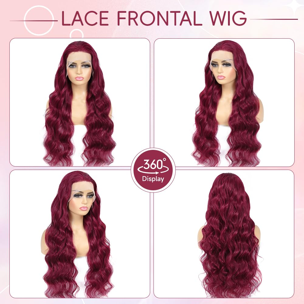 30 Inch 99J Burgundy Lace Front Human Hair Wig - 12A Grade 200% Density HD Body Wave with 13x4 Frontal - Pre Plucked Glueless Wine Red Wig for Women | Perfect for Cosplay, Parties, Weddings & Daily Wear