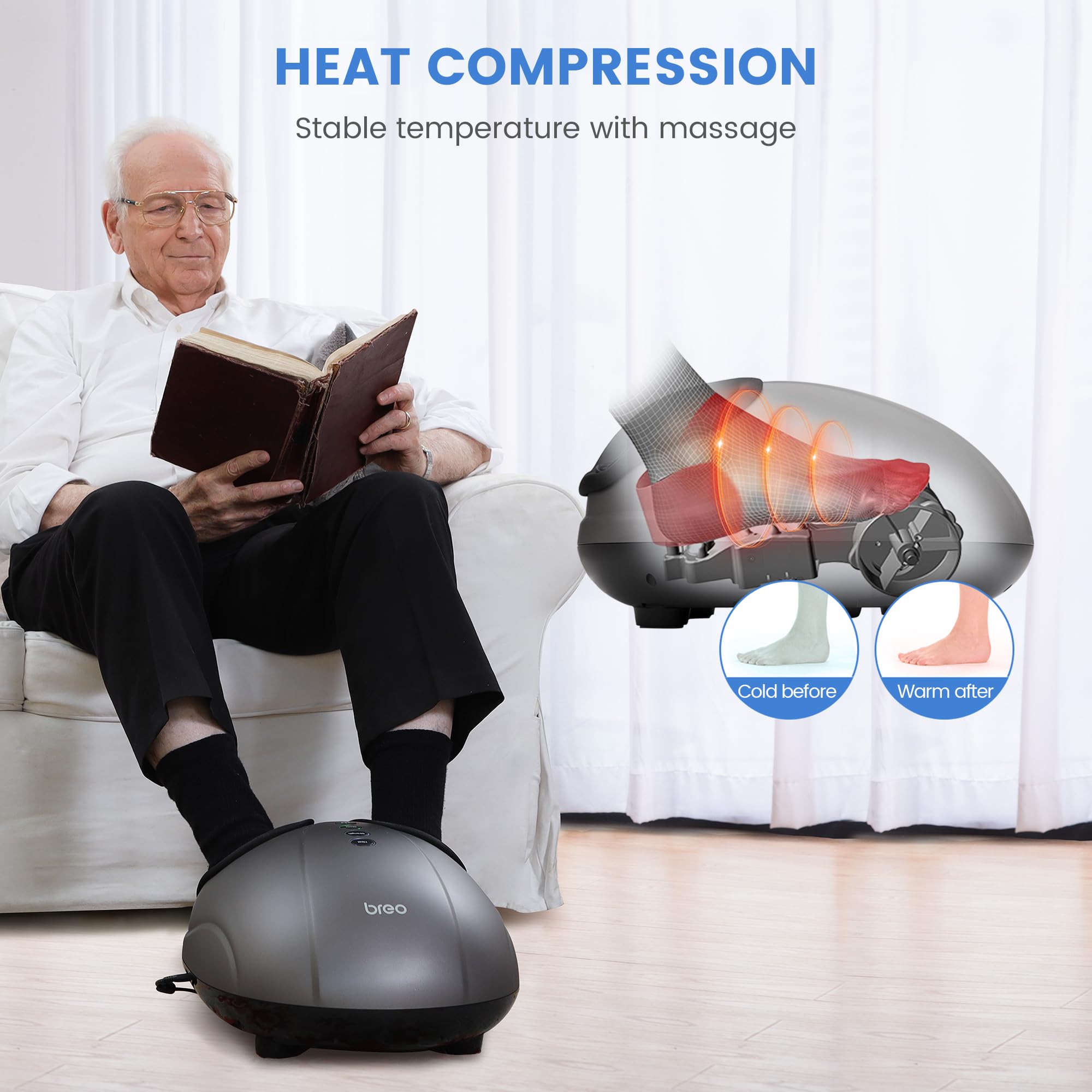 Breo Foot Massager with Heat - Deep Kneading, Air Compression & Rolling Massage for Foot Pain Relief, Plantar Fasciitis & Circulation - Fits Up to Size 46 (US 12) - Perfect for Home, Office & Post-Workout Recovery