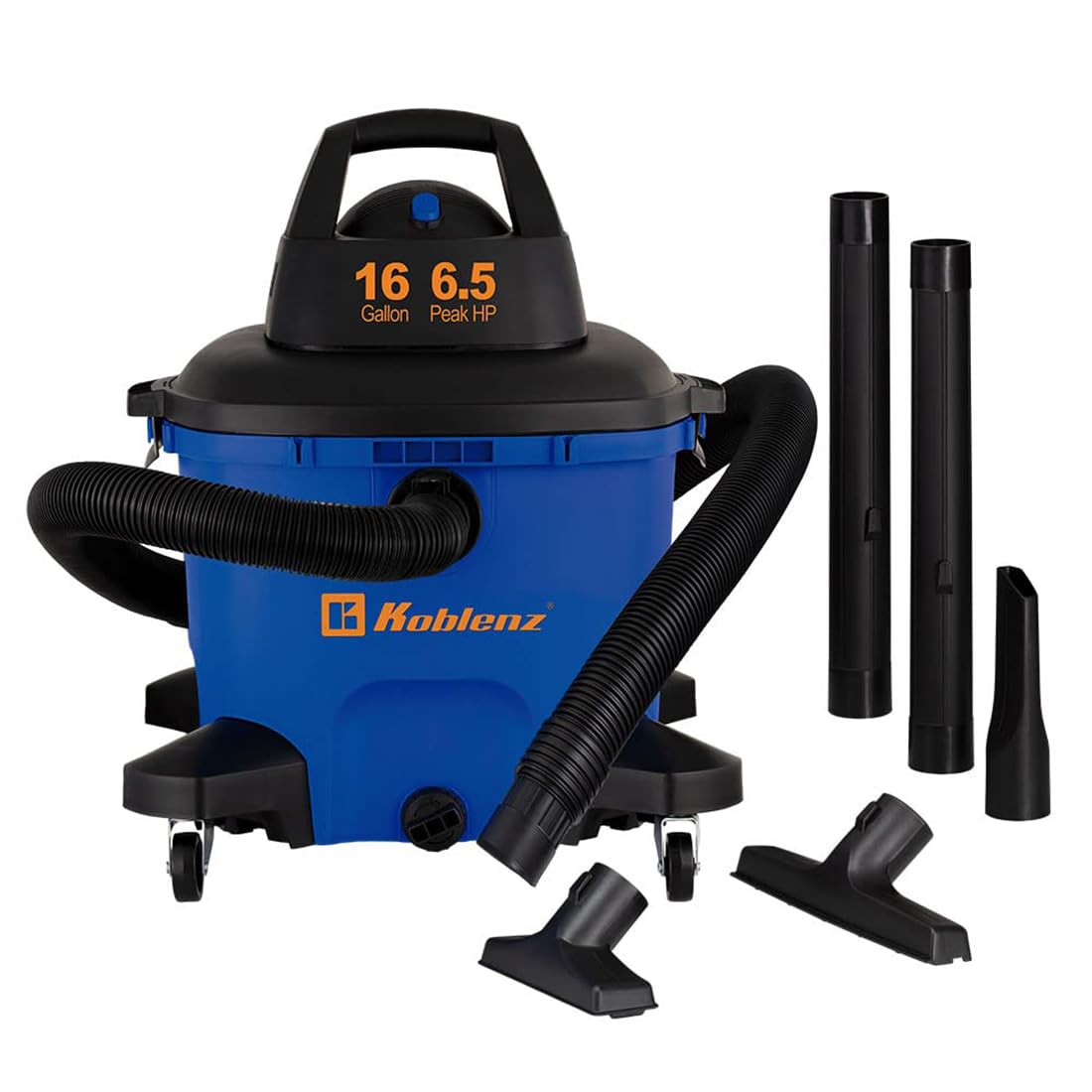Koblenz WD-16 L4 16-Gallon Wet Dry Vacuum Cleaner - 6.5HP Powerful Shop Vac for Home & Garage, with Drain Plug & Accessories - Ideal for Cleaning Spills, Dust & Debris (Black & Blue)