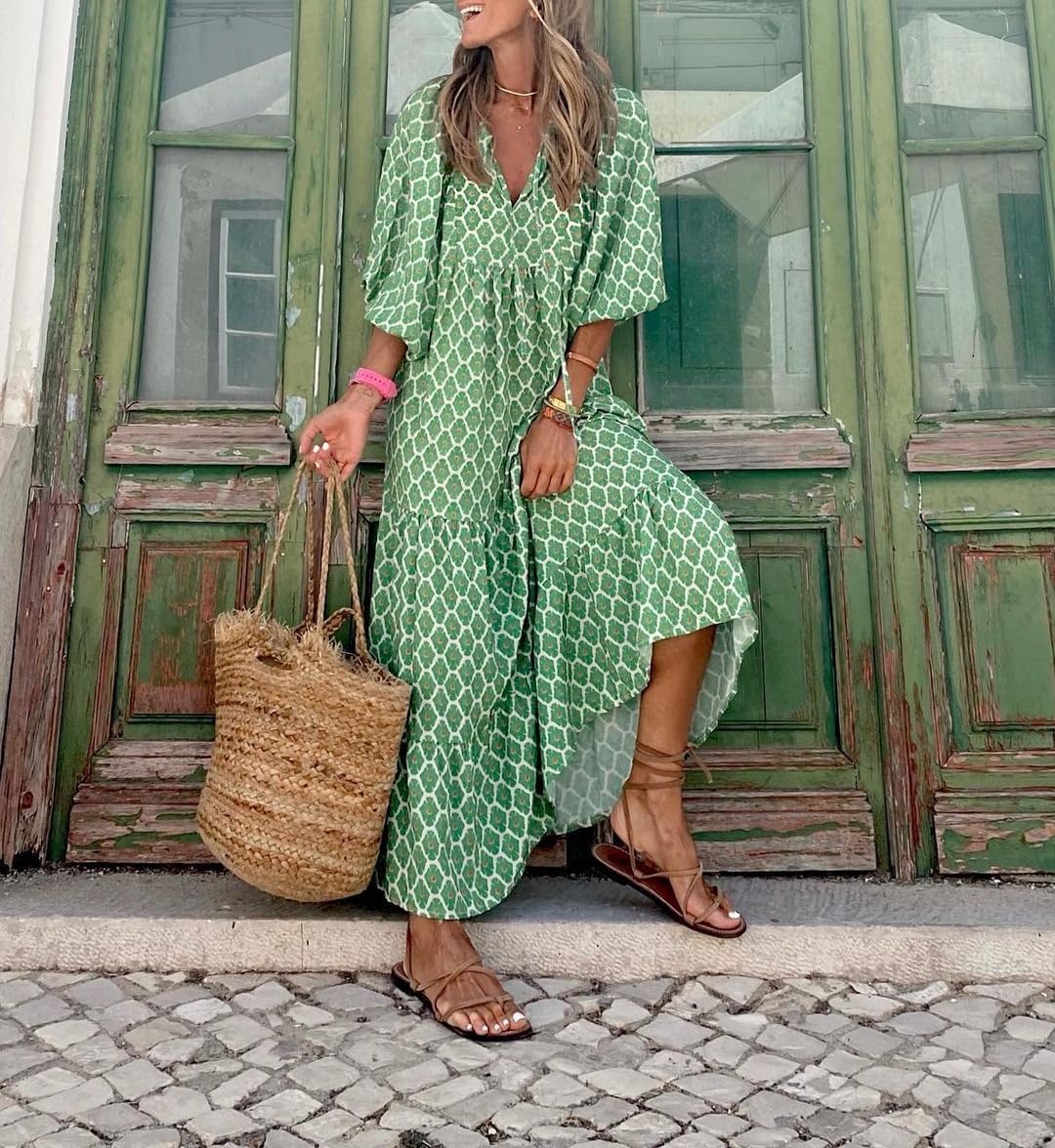 Guteidee Women's Long Puff Sleeve Flowy Floral Dress - A-Line Boho Maxi Dress for Fall Fashion | Perfect for Vacation, Date Night & Special Occasions