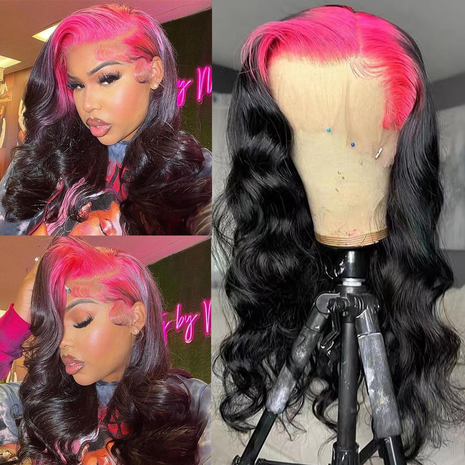 YMS Pink Human Hair Wigs for Women - 180% Density with Pink Roots, 13x6 Lace Front Wig, Glueless Pre-Plucked with Baby Hair & Natural Hairline, 16 Inch Colored Body Wave Lace Frontal Wig - Perfect for Cosplay, Parties, and Daily Fashion Styling
