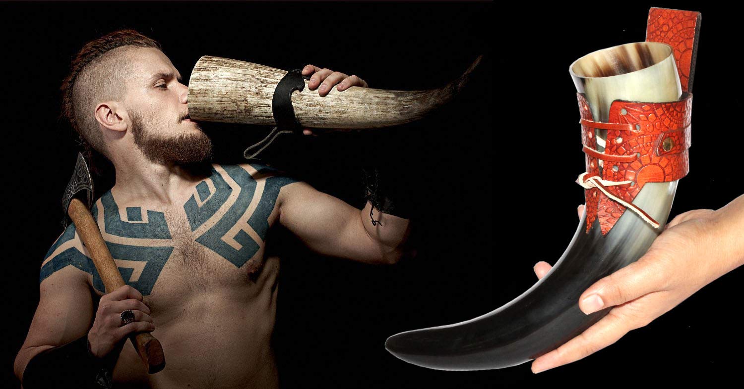 Authentic Viking Drinking Horn 16 oz - Handcrafted Medieval Norse Style with Genuine Leather Holster - Natural Finish - Perfect for Renaissance Fairs, LARP Events, and Viking Themed Parties