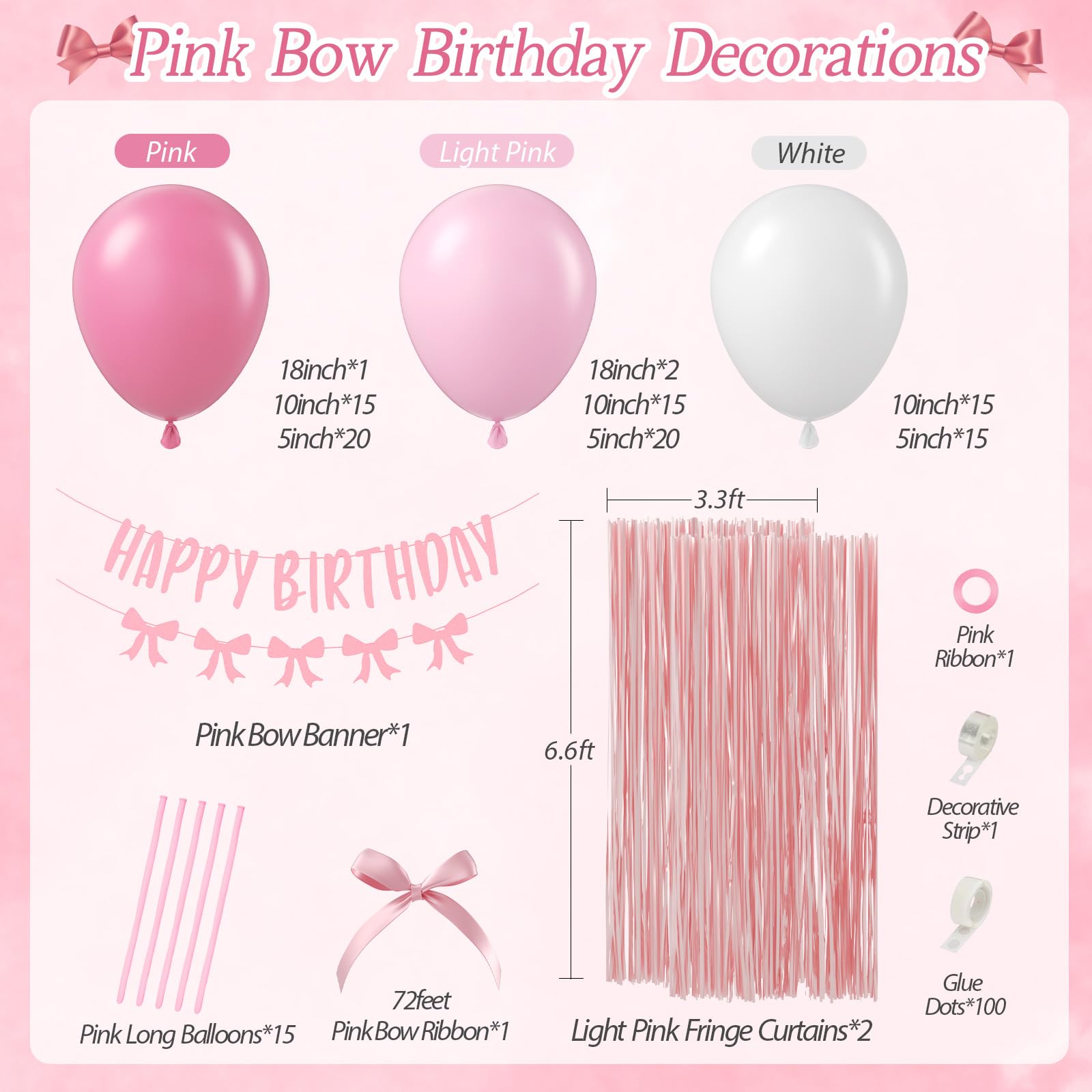 Elegant Coquette Pink Birthday Decorations for Adults & Women - White & Light Pink Long Balloons, Bow Banner, Fringe Curtains - Perfect for Bow Parties, Birthday Celebrations & Girly Events