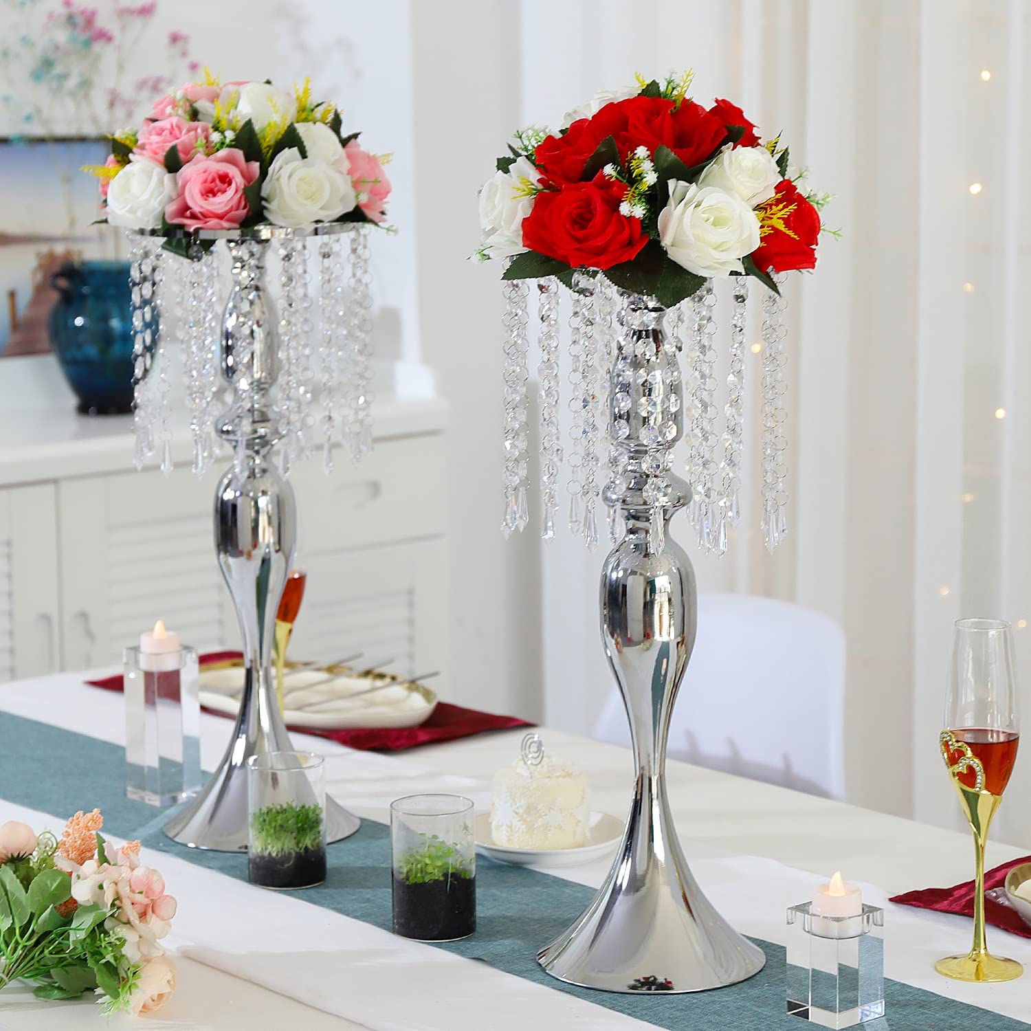 LANLONG Set of 2 Elegant Crystal Centerpieces - Silver Metal Flower Vase Stand for Wedding, Party, Reception - Perfect for Home Decor & Tabletop Display