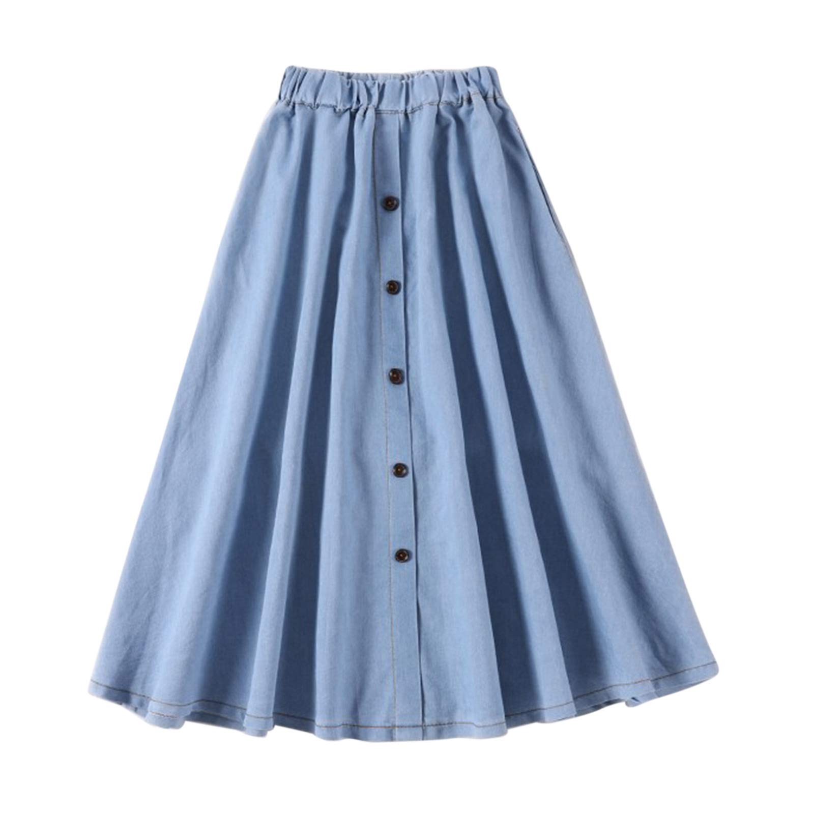 Y2K Vintage Denim Skirt for Women - Plus Size Stretch Elastic Waist Button Front A-Line Midi Skirt | Retro 90s Fashion, Casual Outfits & Streetwear Style