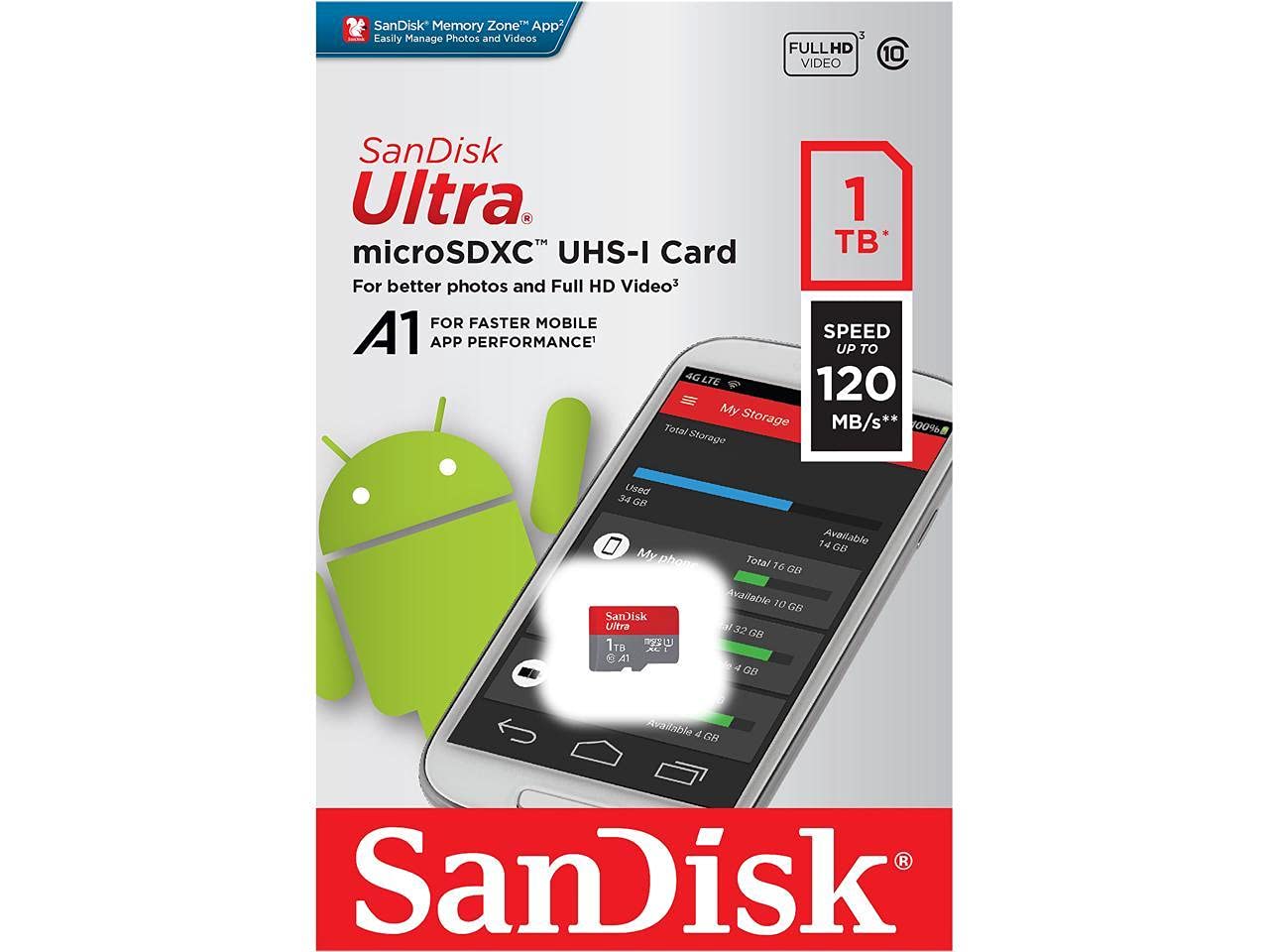 SanDisk Ultra 1TB Micro SDXC UHS-I Class 10 Memory Card - High Speed for Android Phones, Samsung Galaxy Tablets, Nintendo Switch, Drones, GoPro Action Cameras - Includes SD Card Reader - Perfect for 4K Video Recording, Gaming & Mobile Storage Expansion