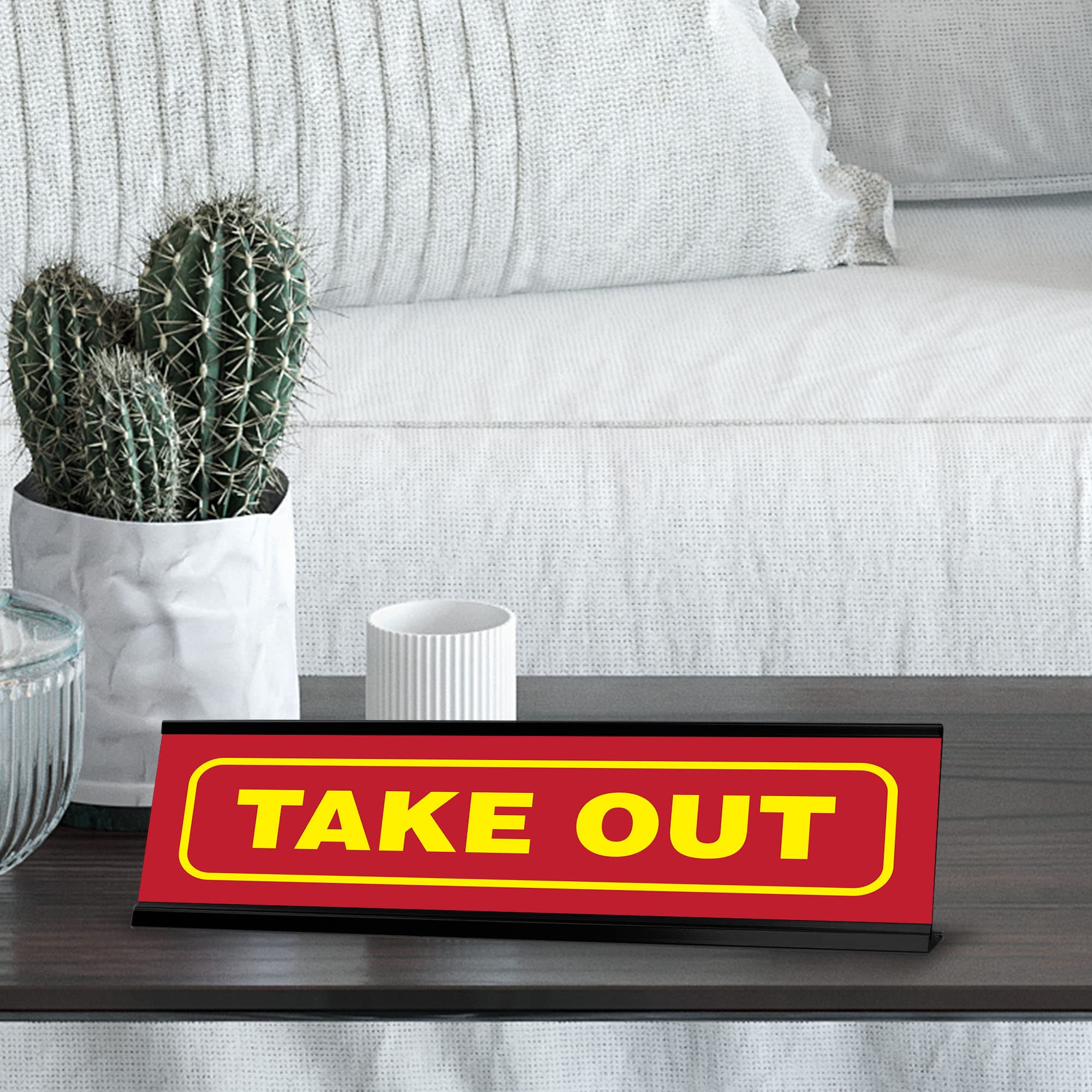 Black Frame Take Out Desk Sign - 2x8 Inches - Perfect for Office, Restaurant, and Retail Use