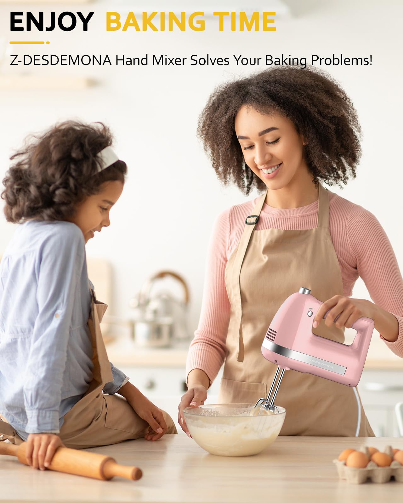 300W Powerful Electric Hand Mixer with 304 Stainless Steel Beaters & Dough Hook - Turbo Speed Handheld Mixer for Baking Cakes, Whipping Cream, Mixing Eggs - Perfect for Home Kitchen, Professional Baking & Dessert Making (Pink)