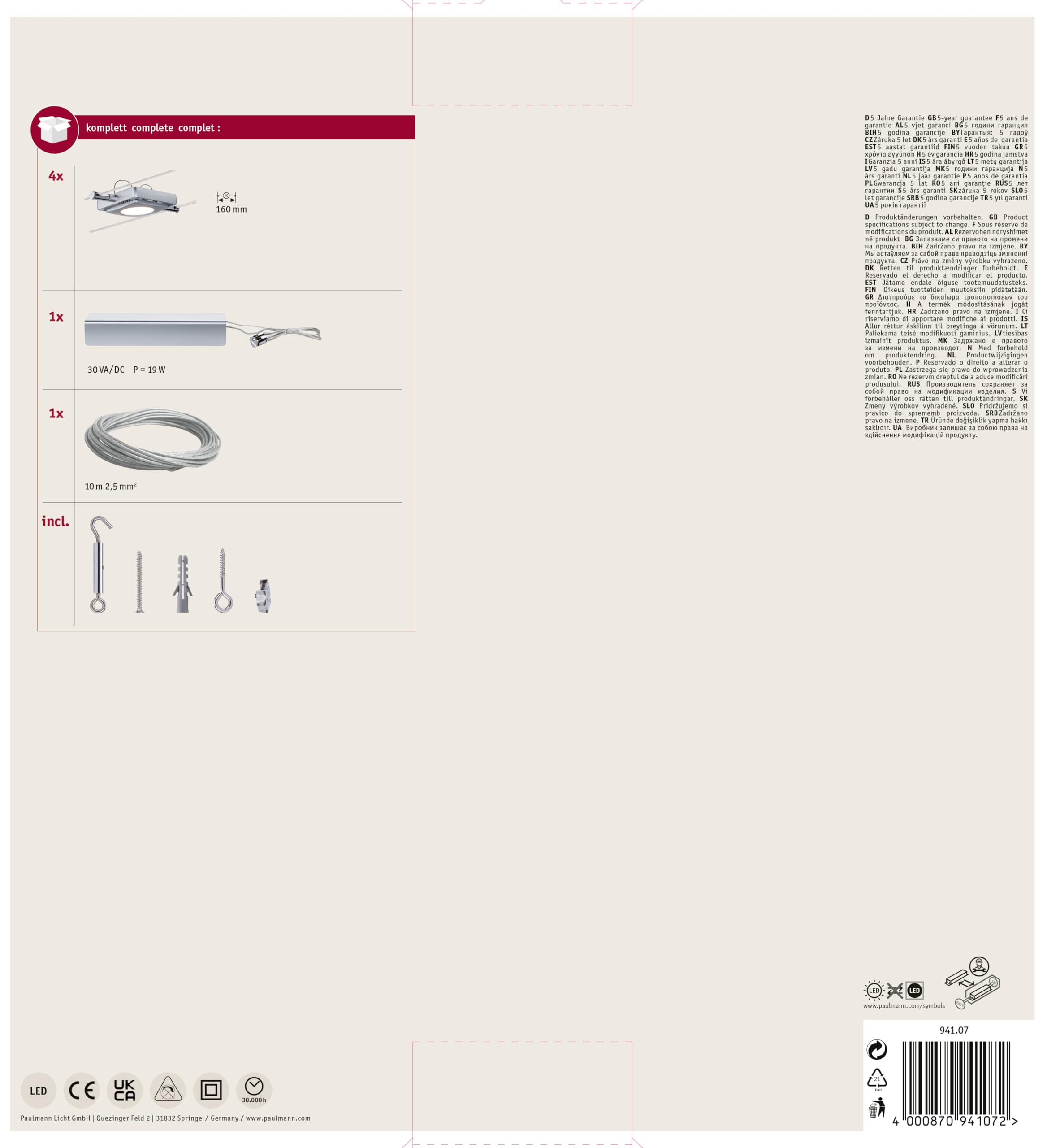 Paulmann 941.07 MacLED Tension Wire Lighting System - 4 Square Spotlights with 10m Cable & Transformer - 16W 2700K Chrome Indoor Ceiling/Wall Lights [Energy Class A+] - Perfect for Modern Homes, Retail Displays & Gallery Lighting