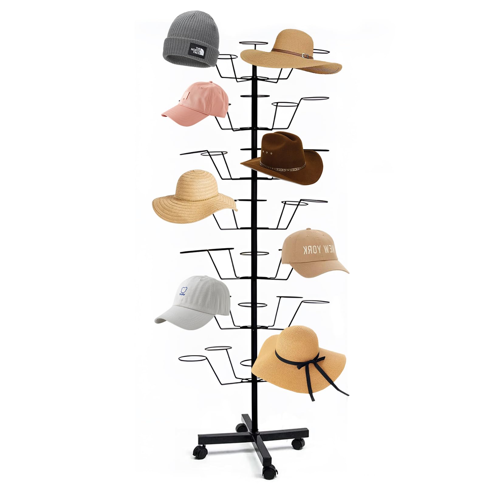 7-Tier Rotating Free Standing Hat Rack Stand with 35 Hooks - Metal Wig Organizer for Multiple Wigs & Baseball Caps - Space Saving Closet Storage Solution for Bedroom, Dressing Room or Retail Store Display