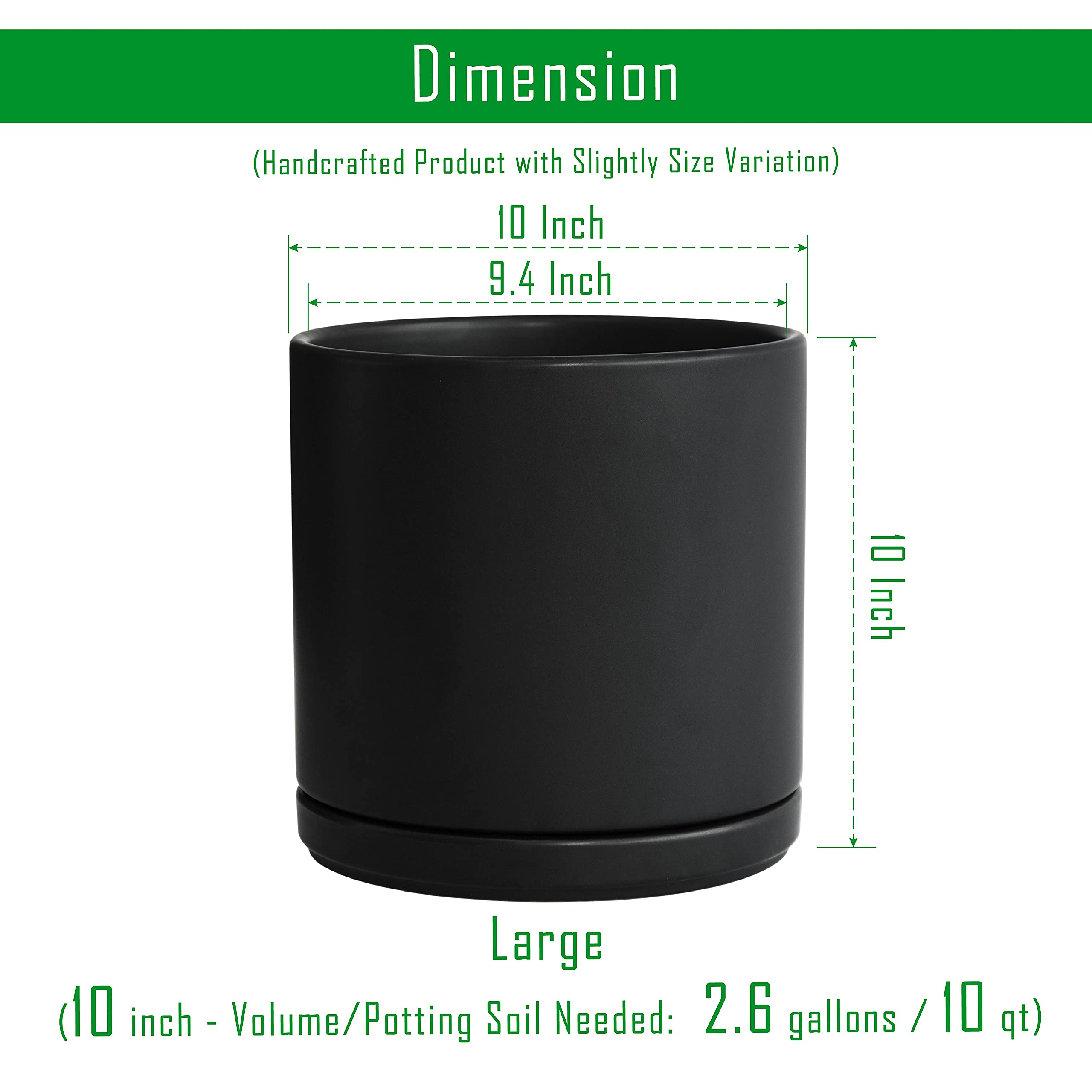 D'vine Dev 10 Inch Ceramic Flower Pot with Drainage Hole & Saucer - Modern Round Indoor Plant Pot for Home Decor, Office, Living Room - Black (94-O-E-2)