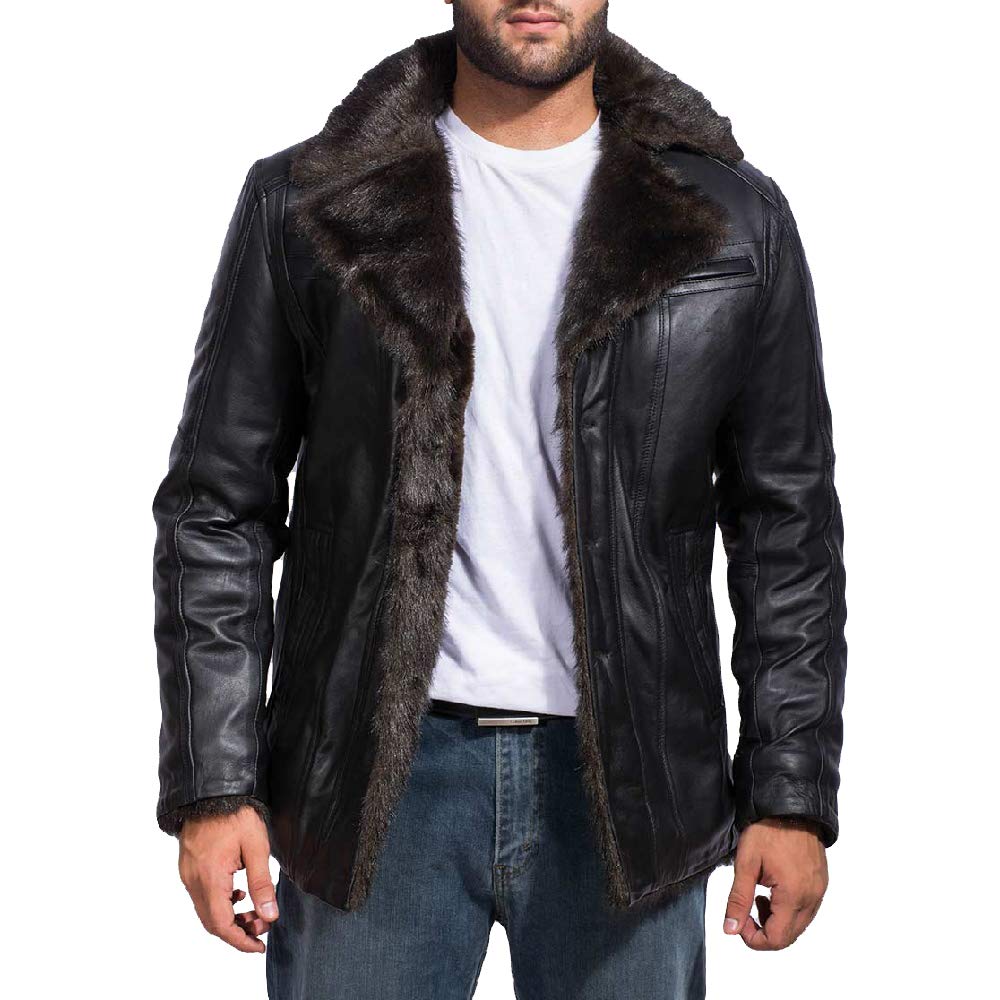 The Jacket Maker Furcliff Men's Black Leather Faux Fur Coat | Warm Sheepskin Style Winter Jacket for Men | Stylish Faux Fur Lined Coat for Cold Weather & Outdoor Activities