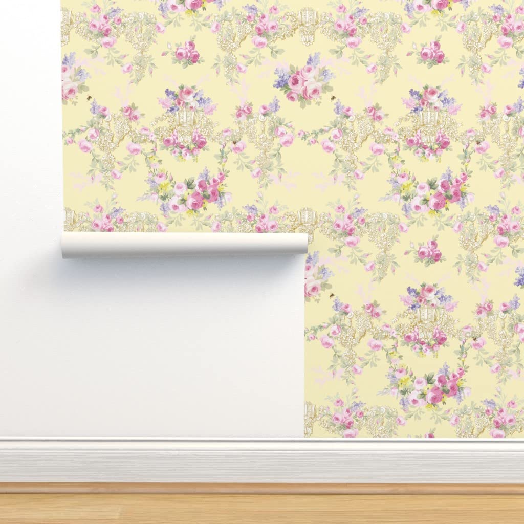Peel & Stick Wallpaper 12ft x 2ft - Yellow Floral Toile Design with Spring Roses | Removable Self-Adhesive Wallpaper for Bedroom, Nursery & Home Decor | Easter Pastel Custom Wall Covering by Spoonflower