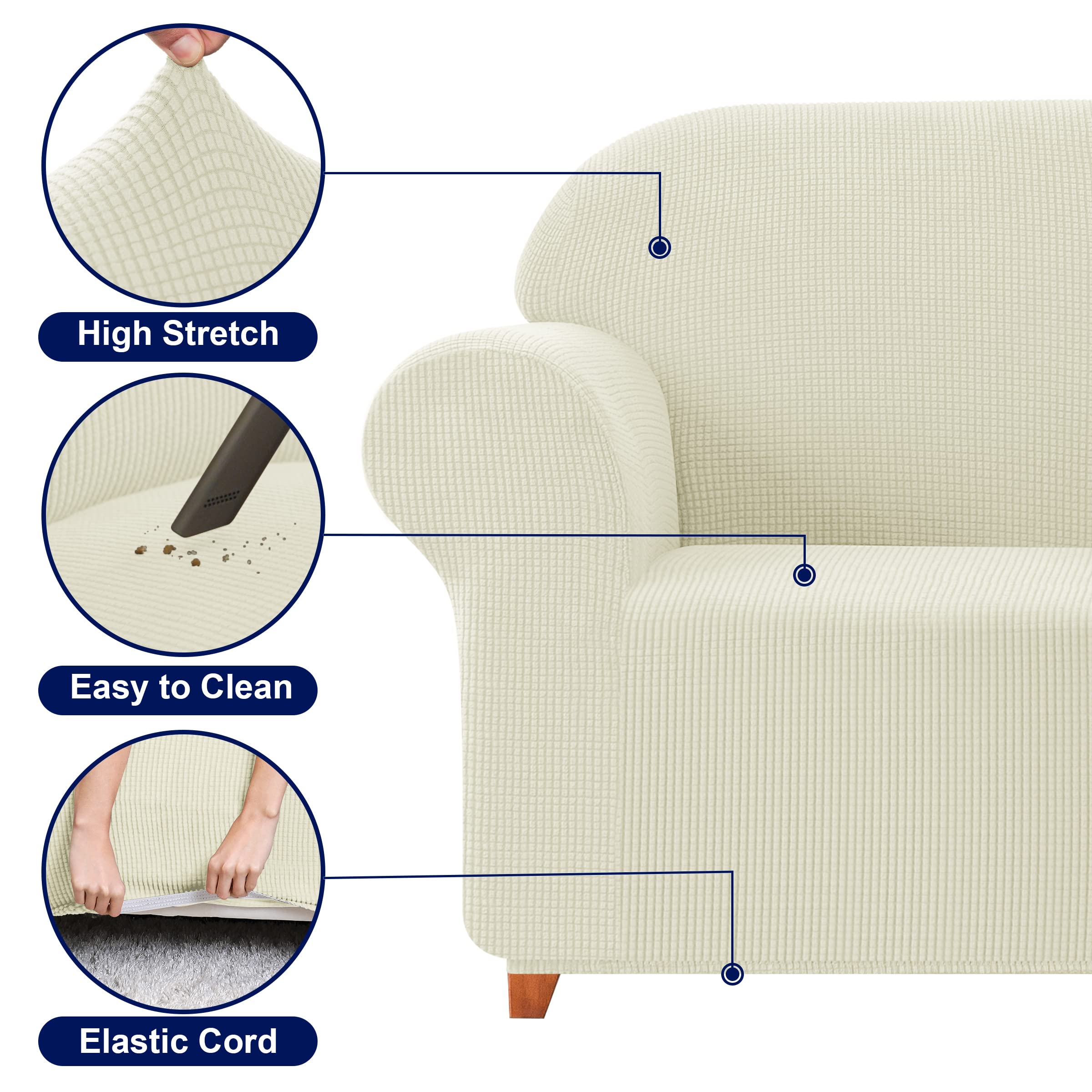 SUBRTEX Stretch Sofa Slipcover 2-Piece Set - Washable Jacquard Fabric Couch Cover for 3-Seater Sofa, Small Check Pattern (Ivory) | Perfect for Living Room Furniture Protection & Home Decor Upgrade