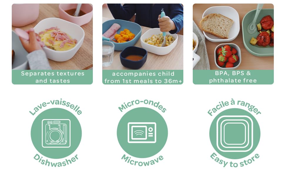BEABA Silicone Mealtime Nesting Bowls for Babies & Toddlers - Soft, Stackable, Unbreakable Dinnerware Set of 3 - Sage Green - Perfect for Baby-Led Weaning, Snacks & On-the-Go Meals