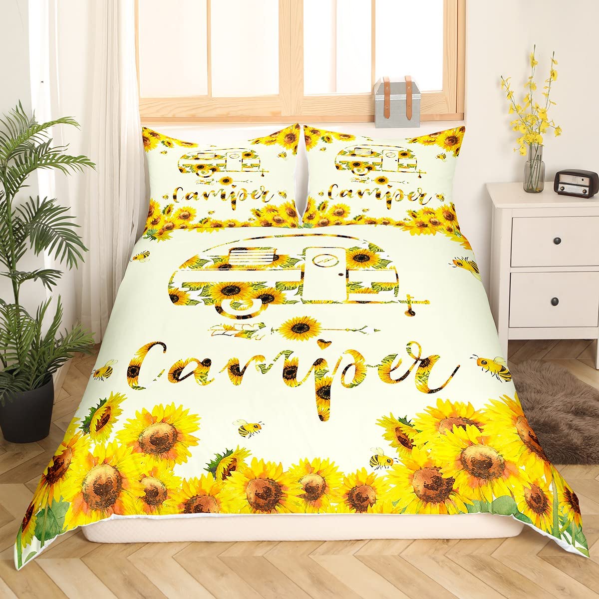 Erosebridal Farmhouse Duvet Cover Set - King Size Sunflower Print Comforter Cover for Camping, RV, Kids & Teens Bedding - Rustic Home Decor for Boys, Girls, Women - Perfect for Camping Trips & Cozy Bedroom Makeovers