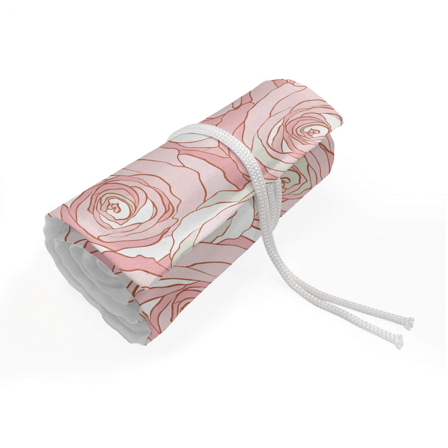 Ambesonne Floral Pencil Case Wrap Roll Holder - Soft Tone Rose Flowers Design, Durable Canvas Pencil Organizer with 72 Loops (Coconut Rose Blush) - Perfect for Artists, Students & Office Supplies Storage | Portable Art & School Accessories for Travel & Daily Use