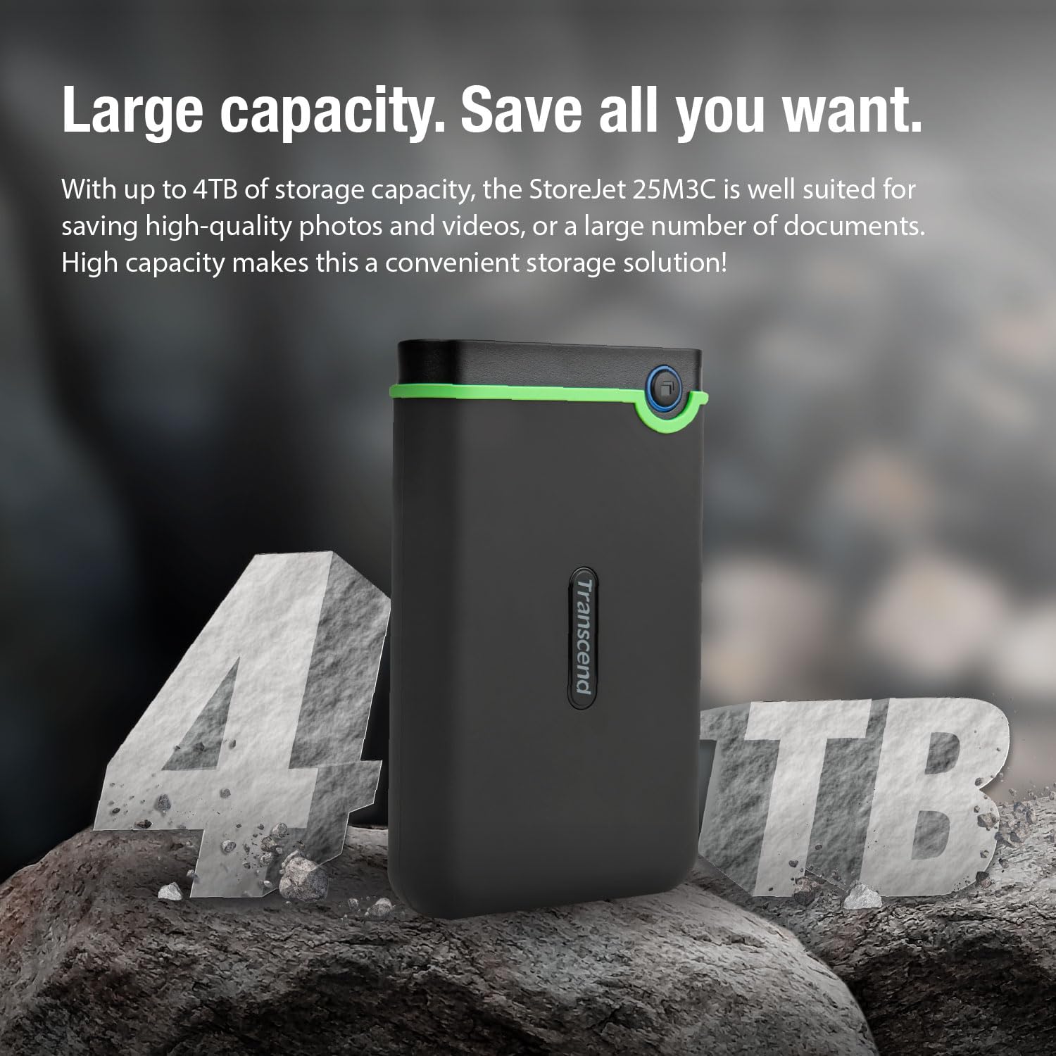 Transcend 4TB USB-C External Hard Drive | Shockproof Portable HDD | USB 3.1 Gen 1 | StoreJet TS4TSJ25M3C | Perfect for Mac/PC Backup, Travel & Outdoor Use
