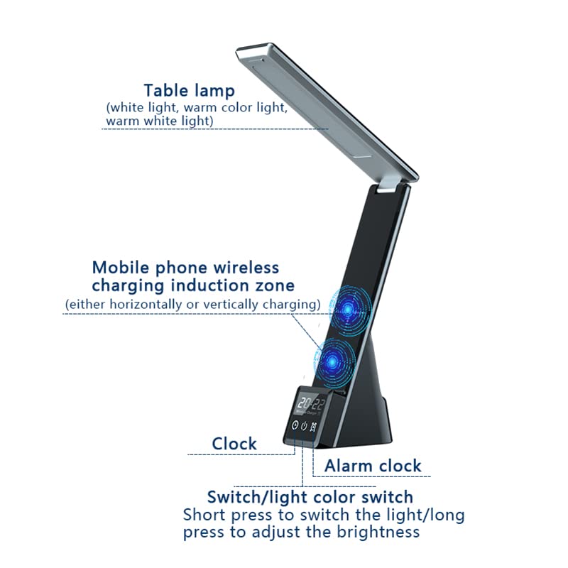 LumiCharge 7-in-1 LED Desk Lamp with 10W Fast Wireless Charger, USB Port, Dimmable Light, Digital Clock & Alarm - Foldable Multi-Functional Organizer for Phone, Watch, AirPods | Perfect for Home Office, Dorm Room & Nightstand Use