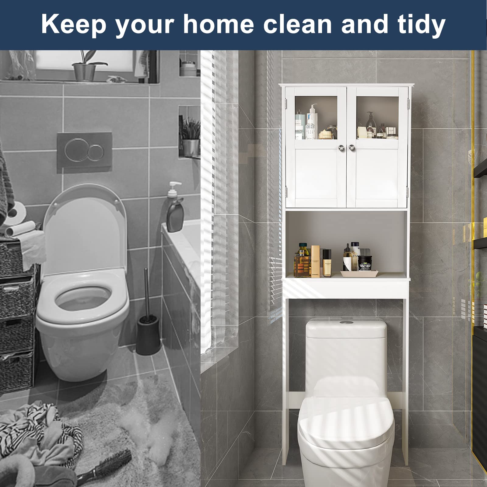 Bonnlo Over The Toilet Storage Cabinet with Adjustable Shelf - White Bathroom Floor Organizer with Double Doors, 67