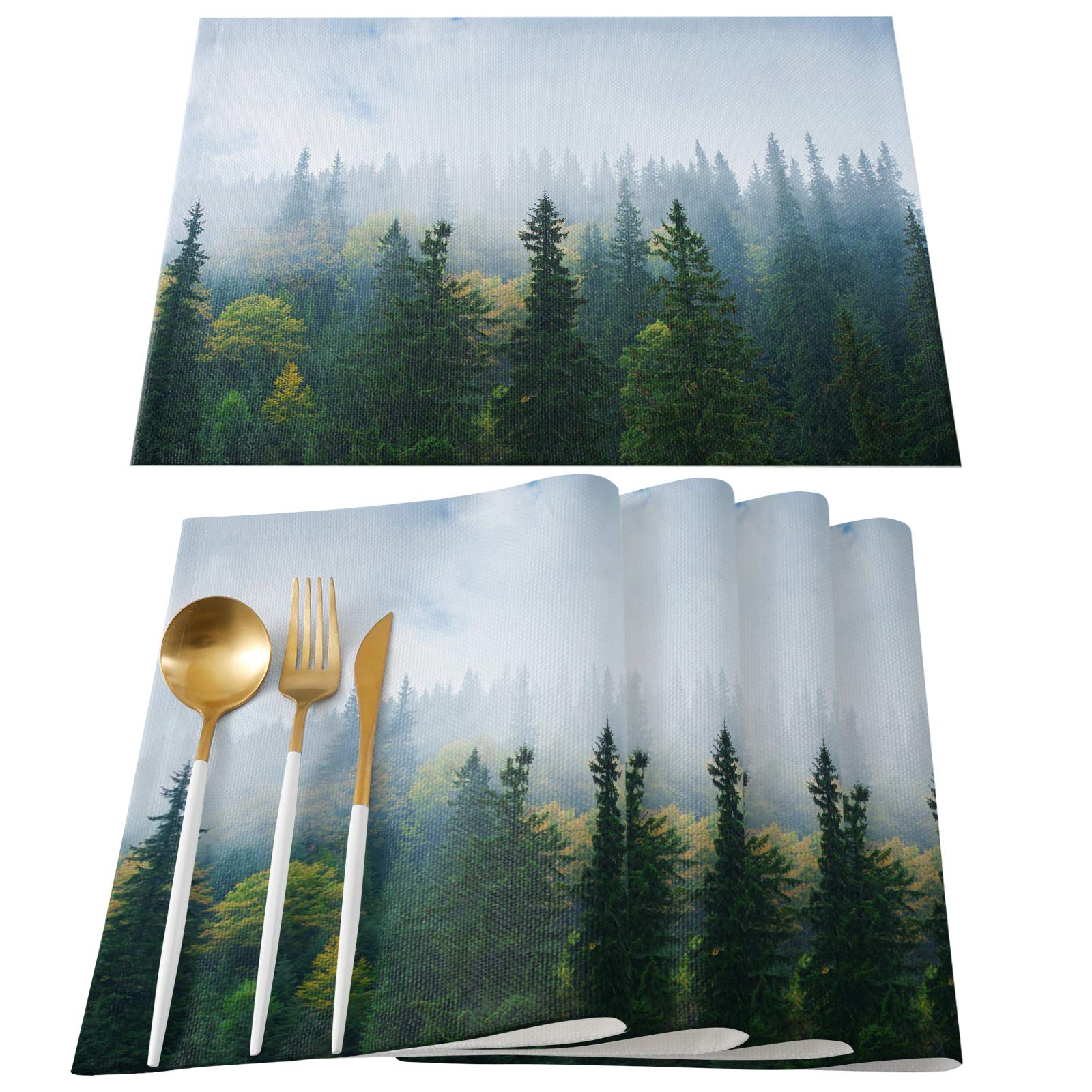 Premium Carpathian Mountains Forest Fog Design Placemats - Set of 6 Durable, Machine Washable Table Mats for Dining & Kitchen - Perfect for Holiday Dinners, Family Gatherings & Everyday Meals
