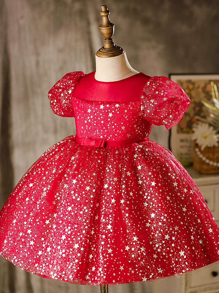 Burgundy Princess Round Tea Length Organza Flower Girl Dress for Weddings & Special Occasions