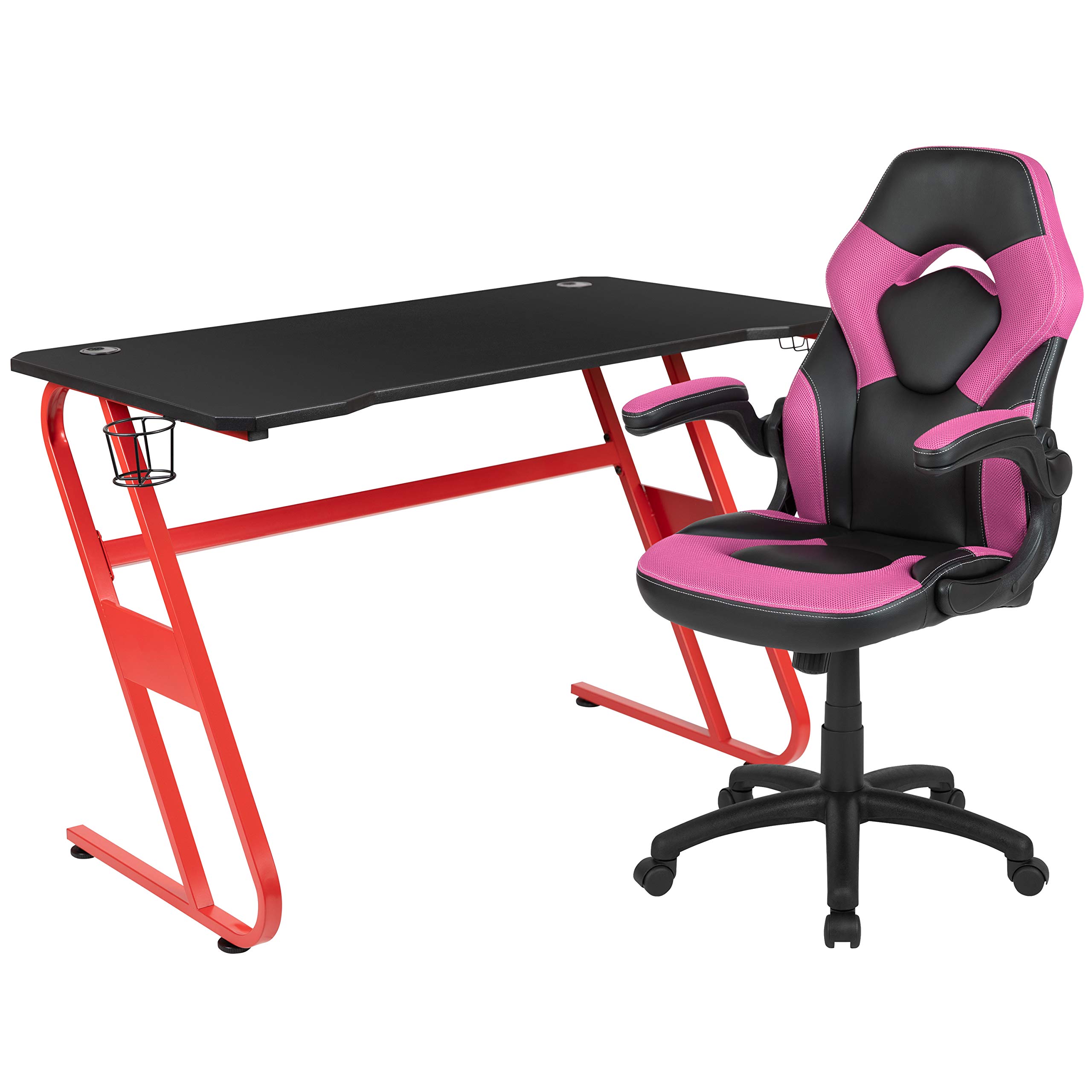 EMMA + OLIVER Gaming Desk Set with Red Desk, Cup Holder, Headphone Hook & Pink Gaming Chair - Perfect for PC & Console Gaming Setup, Streaming & Home Office