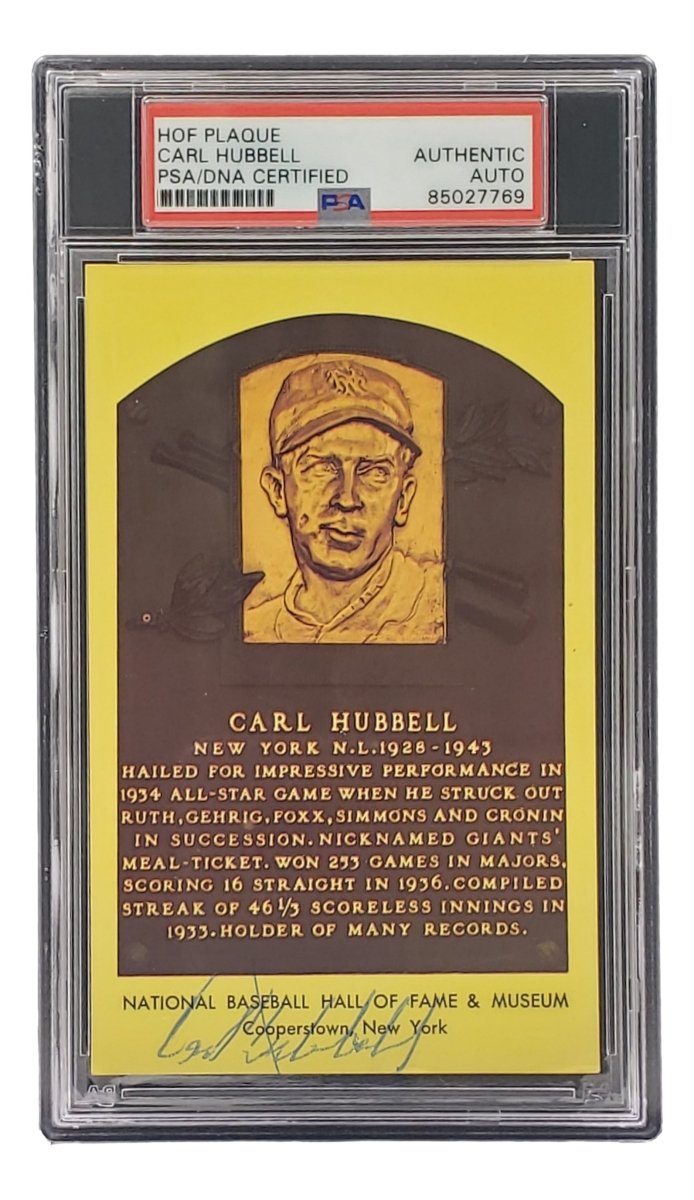Carl Hubbell Autographed 4x6 New York Giants Hall Of Fame Plaque Card with PSA/DNA Certification #85027769 - Perfect for Baseball Memorabilia Collectors and Sports Fans Display