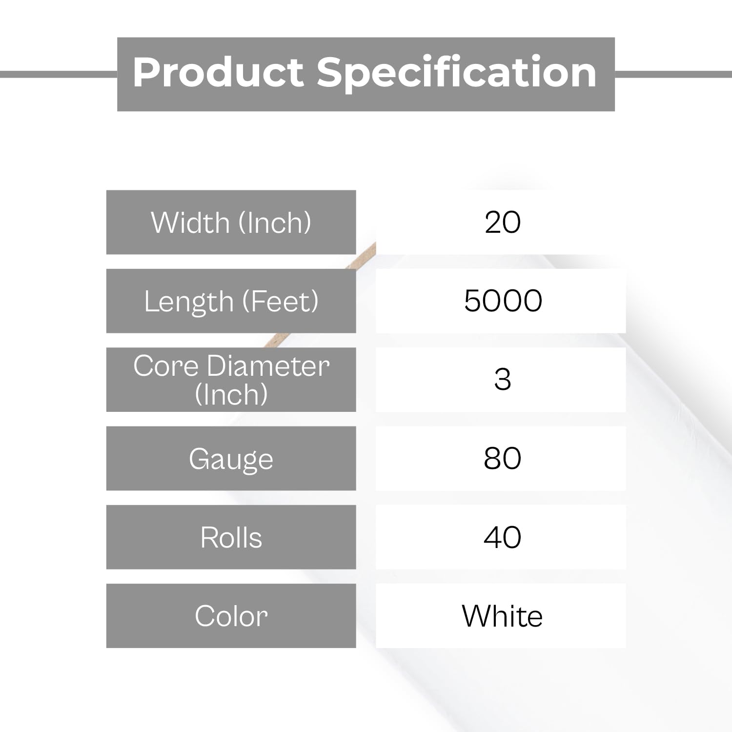 PSBM White Machine Stretch Wrap - 40 Pack, 20 Inch x 5000 Feet, 80 Gauge Heavy Duty Plastic Cling Film - Dark Color Pallet Wrap for Secure Packaging & Shipping - Ideal for Warehouse, Logistics & Industrial Use