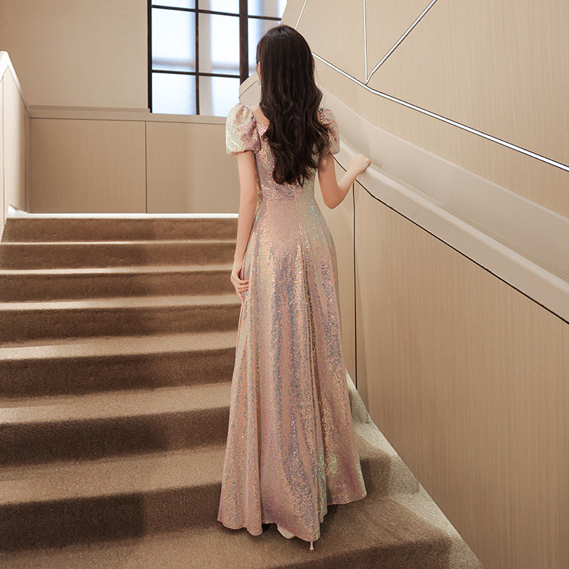 Elegant A-Line Pink Shiny Long Prom Dress with Bow Tie - Sweet Fairy Party Gown for Formal Dances & Special Occasions - Size 550