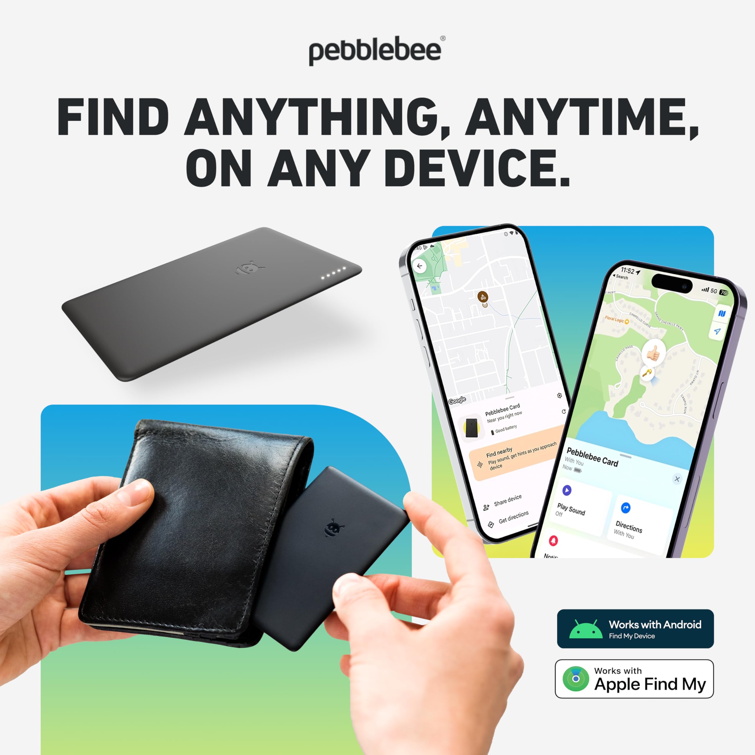 Pebblebee Tracker Card - Slim Rechargeable Bluetooth Item Finder | Works with Find My App for iOS & Android | 18-Month Battery Life | LED & Sound Alerts | Perfect for Wallets, Keys & Luggage Tracking