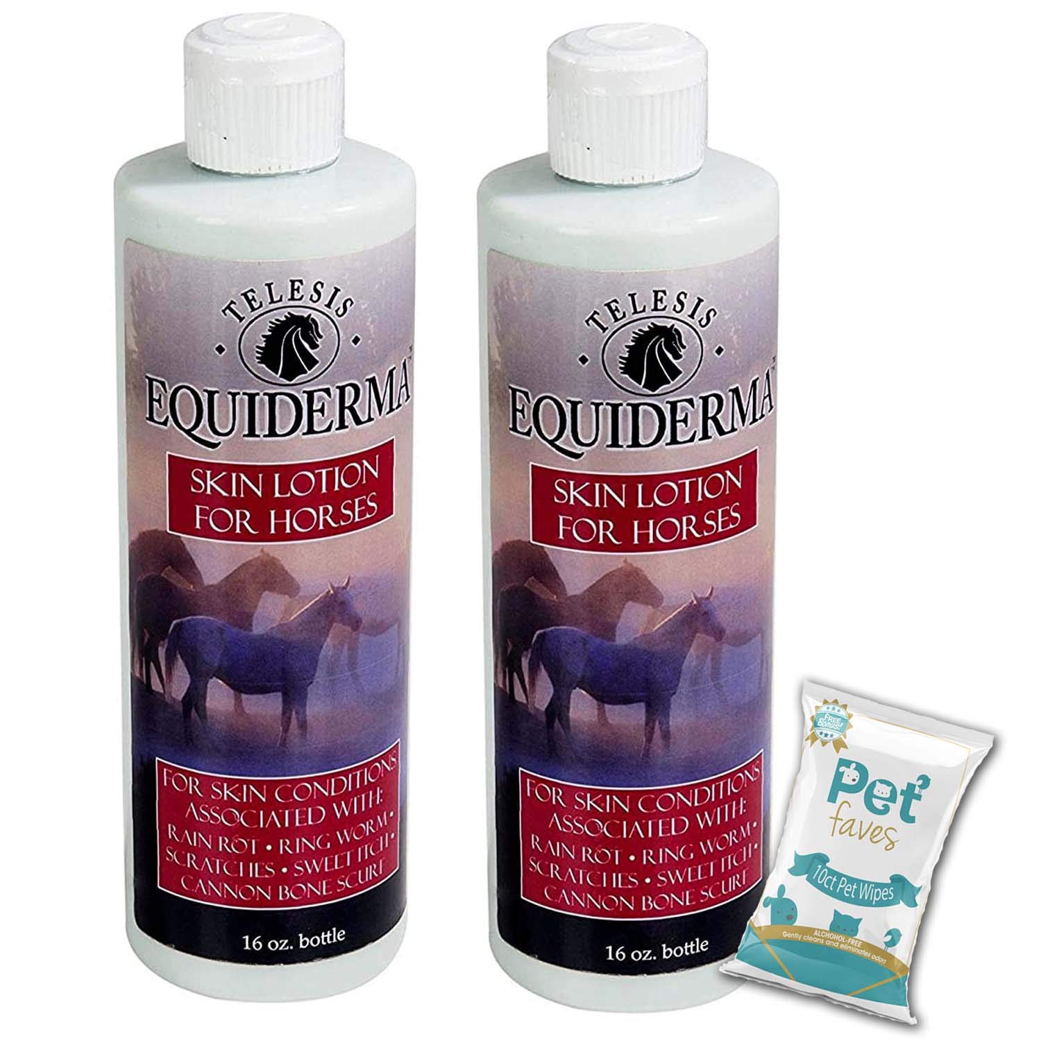EQUIDERMA (2 Pack) Horse Skin Lotion for Rain Rot, Ringworm & Cannon Bone Scurf Treatment | Includes 10ct Pet Faves Wipes | Ideal for Equine Care, Grooming & Skin Protection