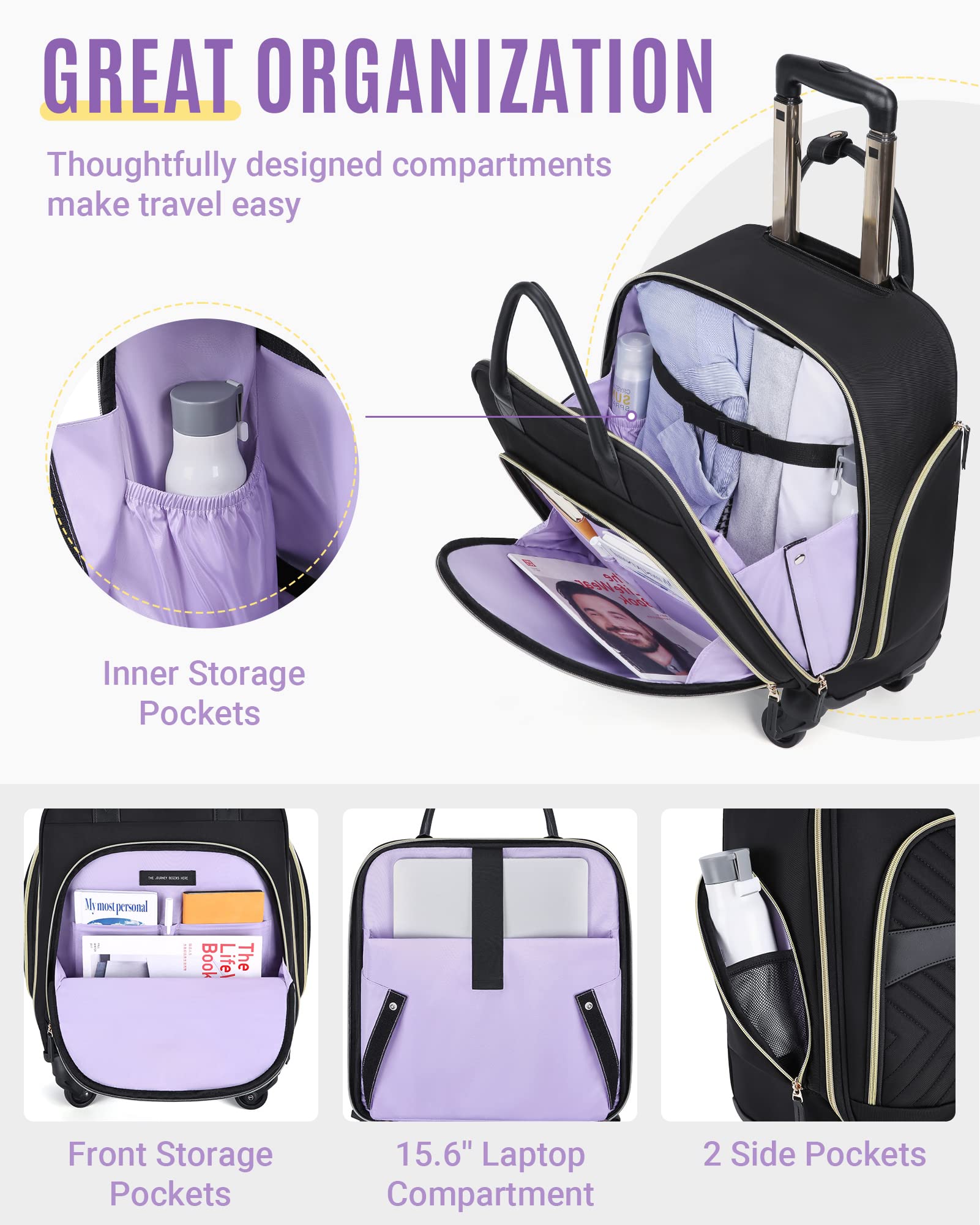 LIGHT FLIGHT Rolling Laptop Bag for Women & Men - 15.6 Inch Spinner Wheel Computer Briefcase with Water-Resistant Design | Perfect for Business Travel, Airplane Carry-On & Office Commute (Quilted Black)