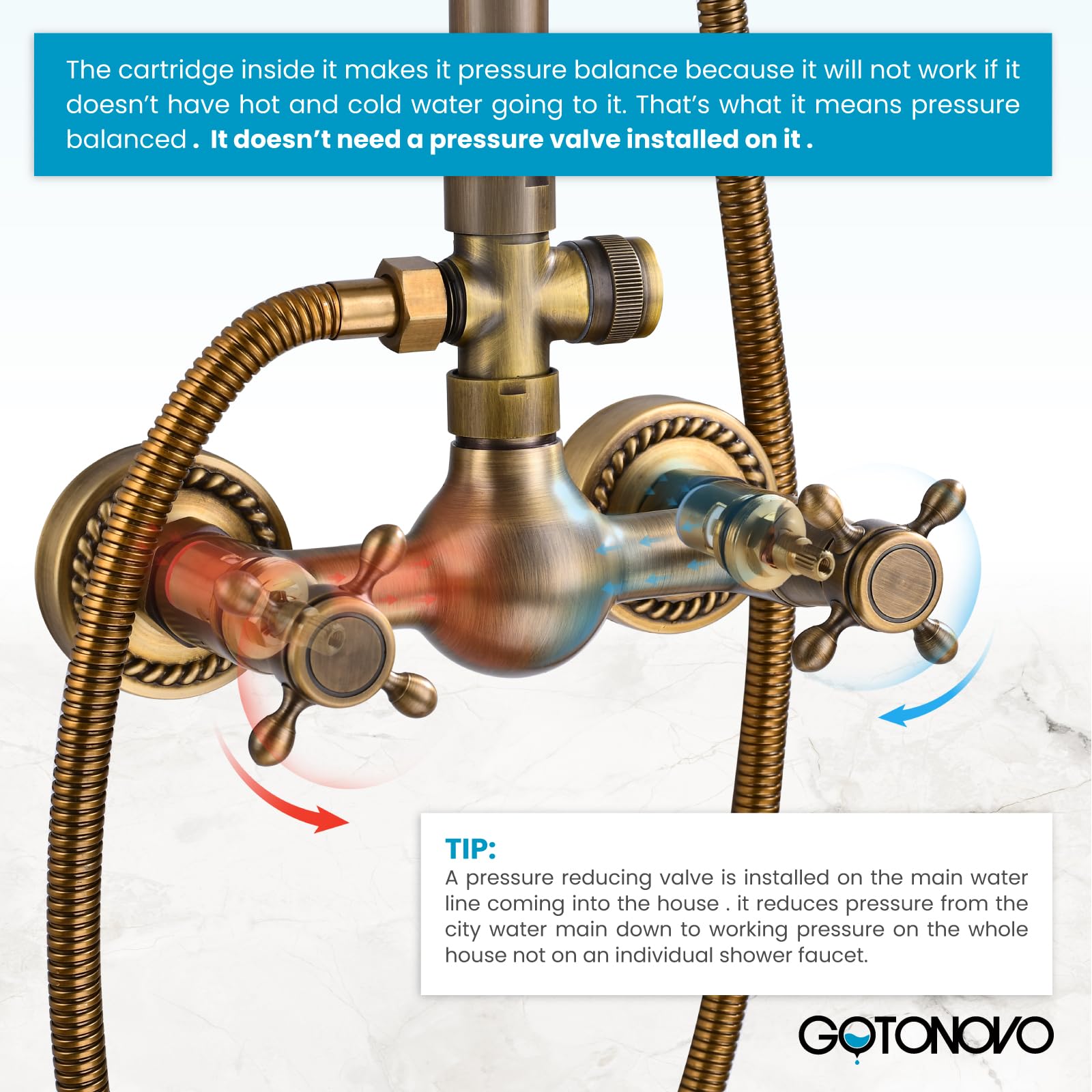 Gotonovo Antique Brass Shower Faucet Set - 8 Inch Rainfall Shower Head with Matching Single Handle Bathroom Sink Faucet - Deck Mount Single Hole Vessel Sink Faucet - Perfect for Vintage Style Bathroom Renovations and Modern Home Upgrades