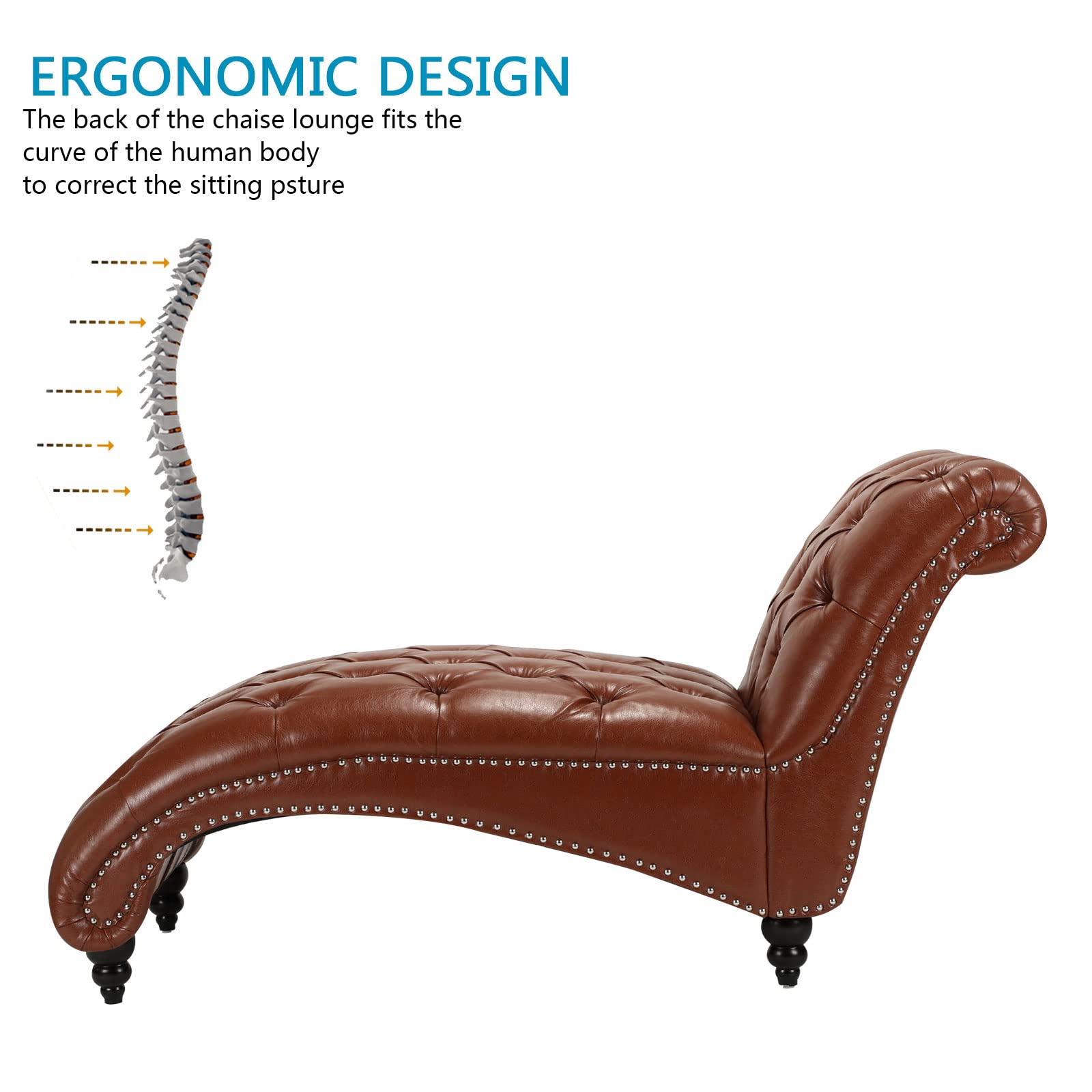 HomVent Leather Chaise Lounge Chair with Tufted Buttons - Indoor Modern Futon for Living Room, Office or Bedroom - Light Brown - Perfect for Relaxing, Reading & Small Space Decor