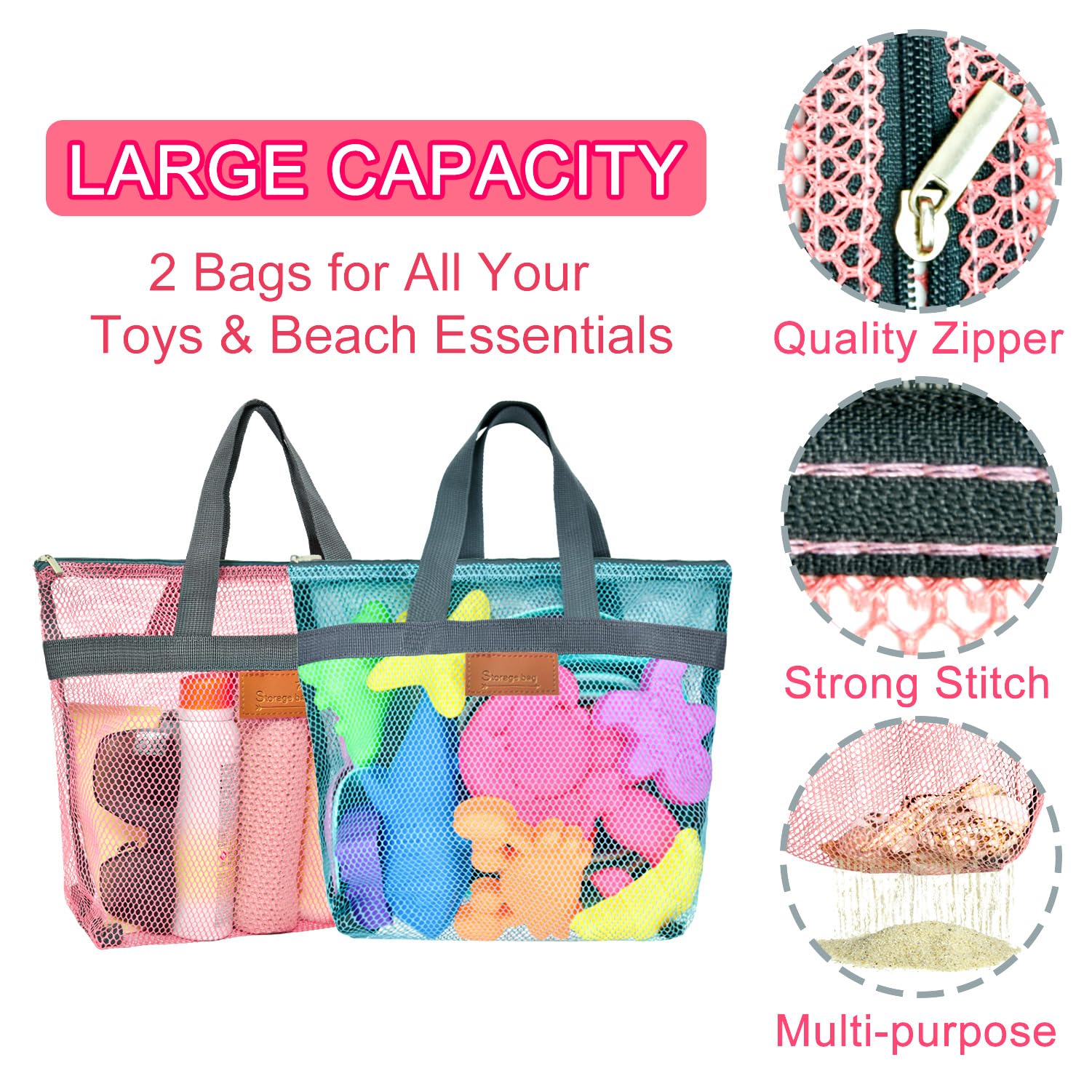 Foldable Beach Toys for Kids - 2 Pack Collapsible Sand Buckets, Mesh Storage Bags, Animal Shaped Sand Molds & Shovel Set for Toddlers Ages 3-7 | Perfect for Sandcastle Building, Beach Trips & Outdoor Summer Play