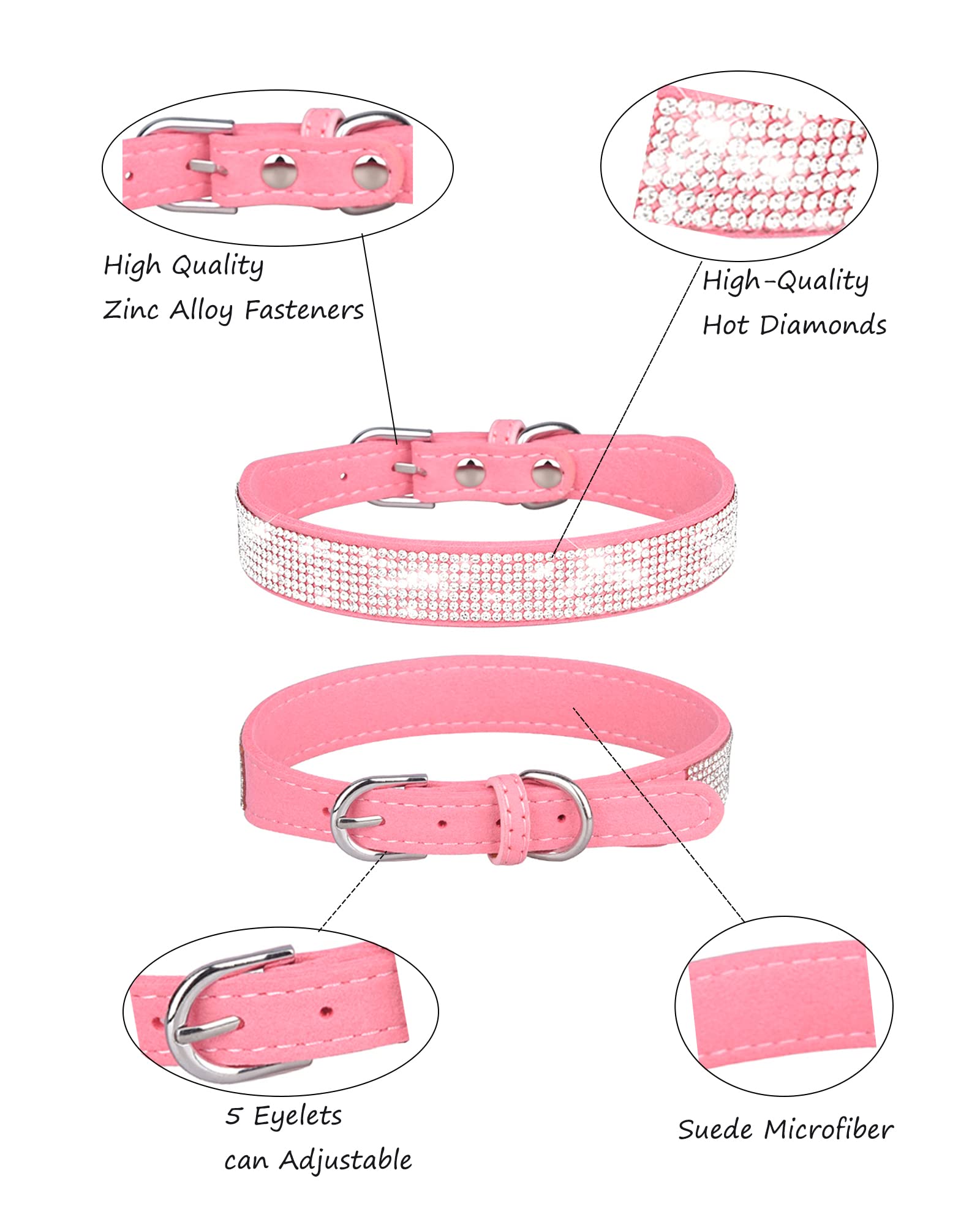 Adjustable Leather Suede Bling Dog Collar with Rhinestones - Pink Small Dog Collar for Small Breeds & Cats | Perfect for Daily Walks, Pet Fashion & Special Occasions