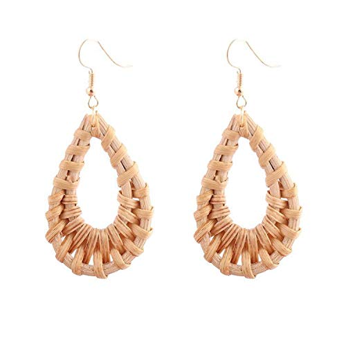 4 Pairs Lightweight Rattan Knit Dangle Earrings for Women - Bohemian Straw Wicker Braid Woven Geometric Statement Jewelry - Perfect for Summer Festivals, Beach Vacations and Boho Fashion Outfits