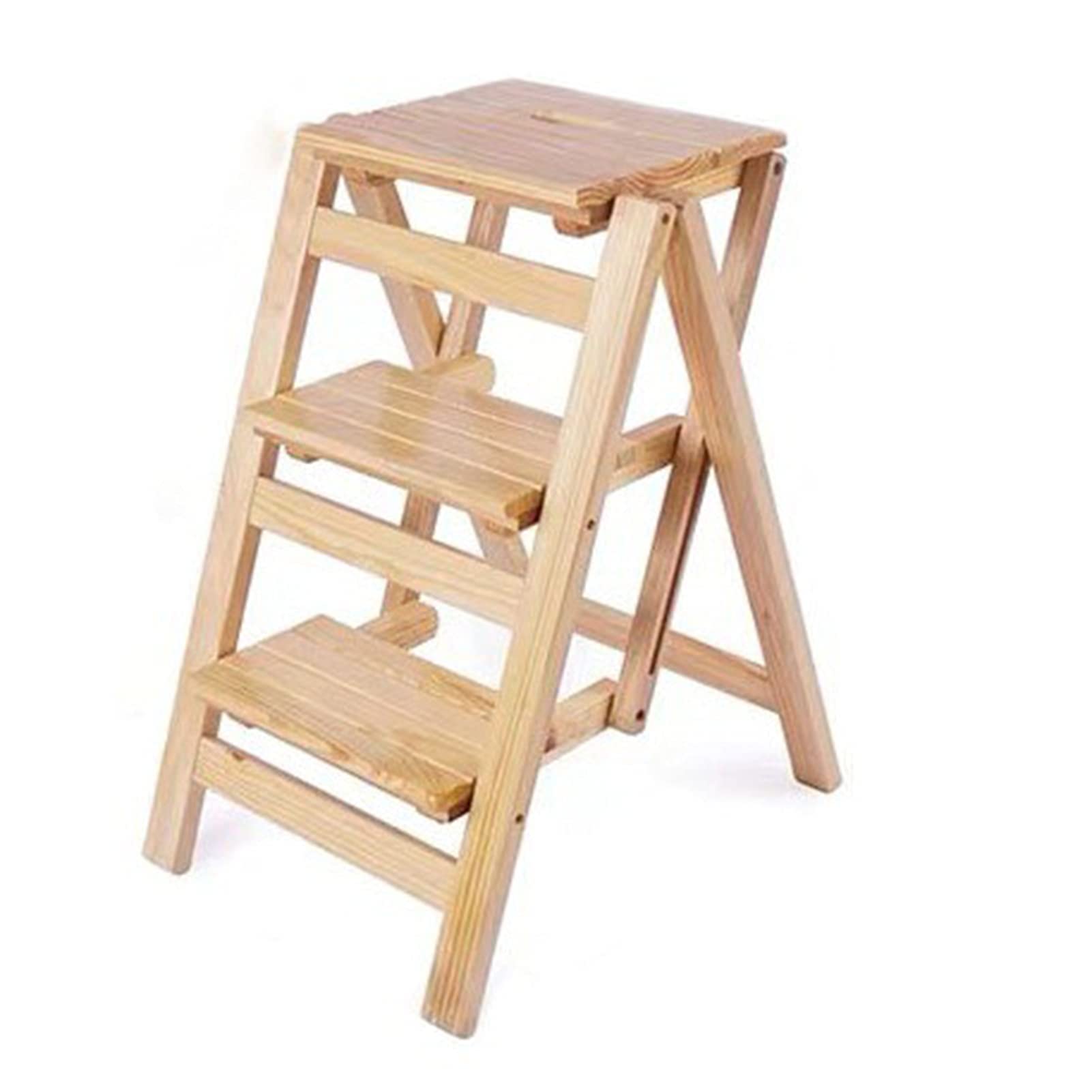 NEVKA 3-Step Wooden Folding Step Stool for Adults - Sturdy Hardwood Ladder Stool, Multi-Functional Home Step Stool for Kitchen, Bathroom, Library, Plant Stand (Natural Wood Color) - Perfect for Reaching High Shelves, Home Organization, and Indoor Gardening