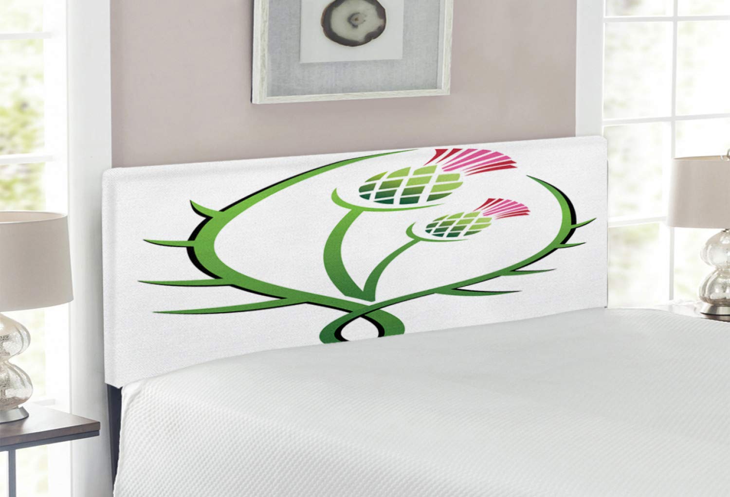 Ambesonne Thistle Upholstered Headboard - Full Size Decorative Metal Bed Frame with Memory Foam, Scotland Floral Theme in Lime Green & White | Perfect for Bedroom Makeovers, Guest Rooms & Scottish-Themed Decor