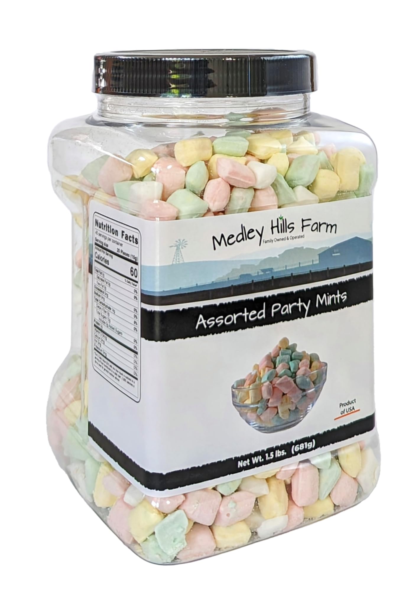 Medley Hills Farm Assorted Party Mints 1.5 lbs in Reusable Container - Perfect for Weddings, Baby Showers & Birthday Parties - Bulk Candy for Events & Celebrations - Made in USA