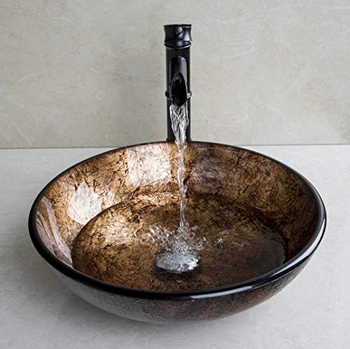 GOWE European Style Tempered Glass Vessel Sink with Oil Rubbed Bronze Faucet and Pop-Up Drain - Round Bathroom Vanity Sink Set for Modern Luxury Bathrooms