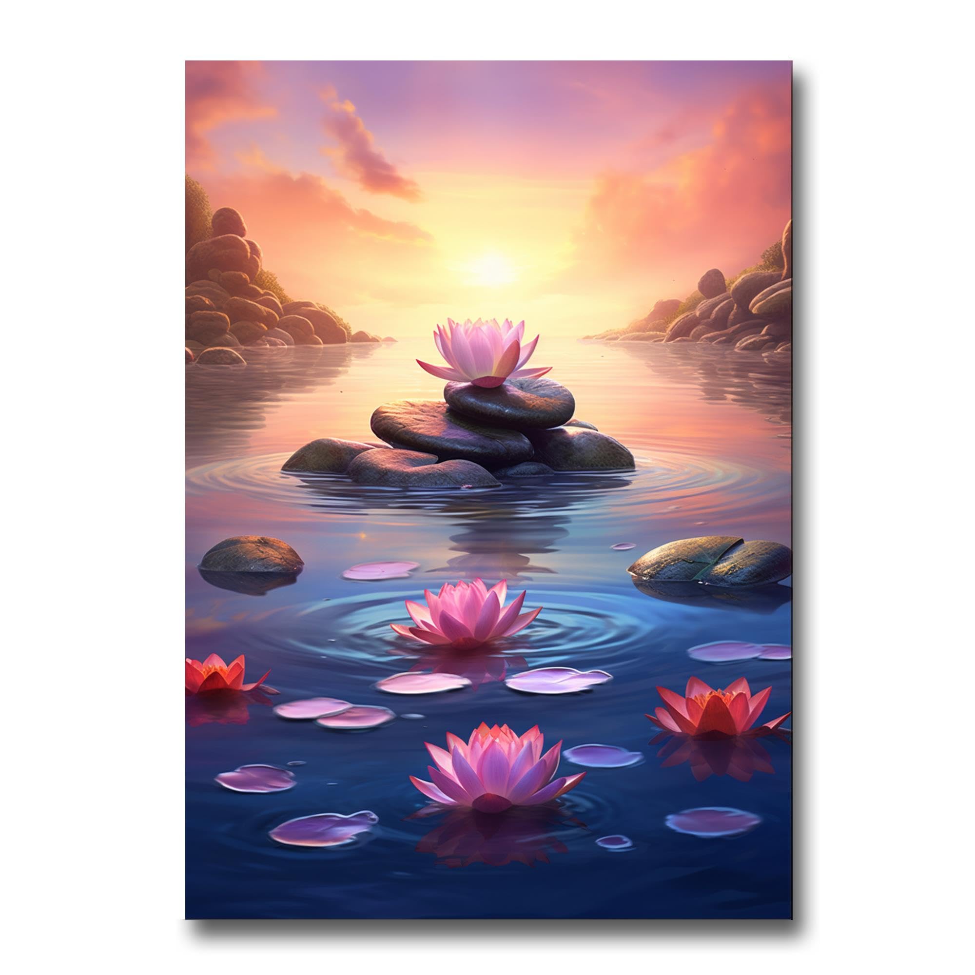 Zen Wall Art Decor - Framed Zen Garden Poster with Stone & Flower Picture, Peaceful Water Sunset Meditation Print for Yoga Room, Home & Office Decor | Perfect for Meditation Spaces, Yoga Studios & Relaxation Areas