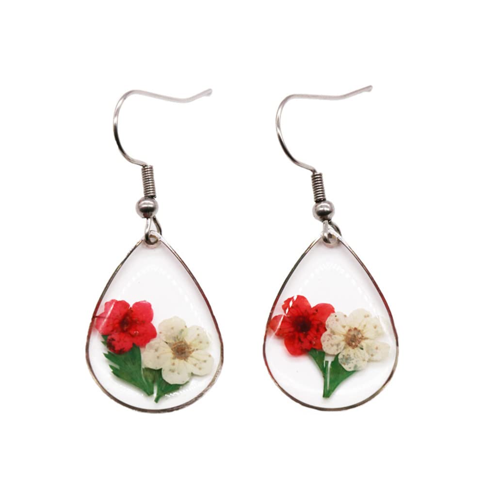 PTGMH Resin Flower Earrings for Women - Natural Pressed Floral Teardrop Pendant Dangling Earrings with Hook | Handmade Boho Jewelry for Wedding, Party & Everyday Wear