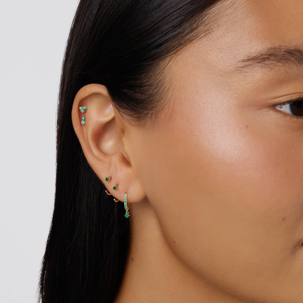 10k Gold Emerald Twin Cluster Helix Single Stud Earrings - Perfect for Parties, Weddings & Everyday Elegance